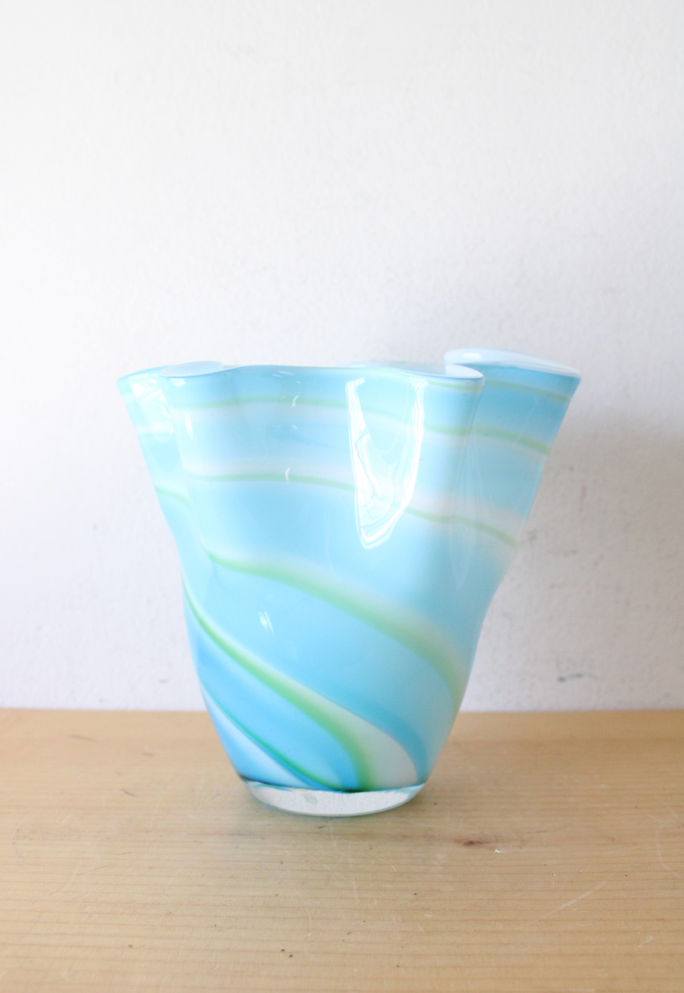 Vintage Blue & Green Swirled Ruffled Glass Vase