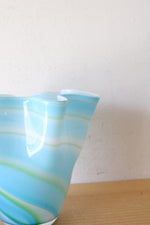 Vintage Blue & Green Swirled Ruffled Glass Vase