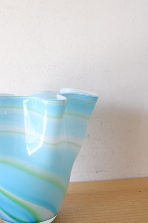 Vintage Blue & Green Swirled Ruffled Glass Vase