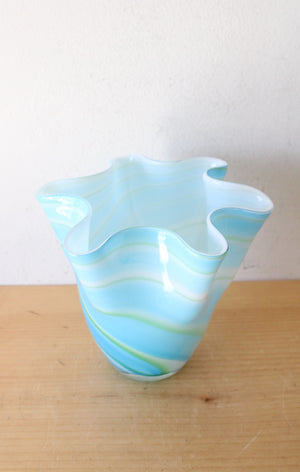 Vintage Blue & Green Swirled Ruffled Glass Vase