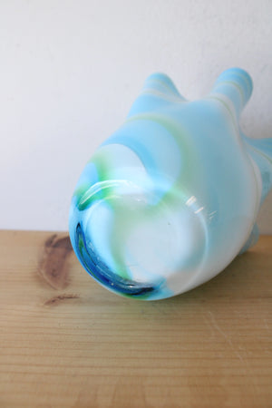 Vintage Blue & Green Swirled Ruffled Glass Vase