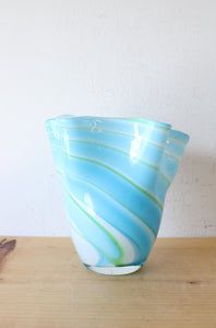 Vintage Blue & Green Swirled Ruffled Glass Vase