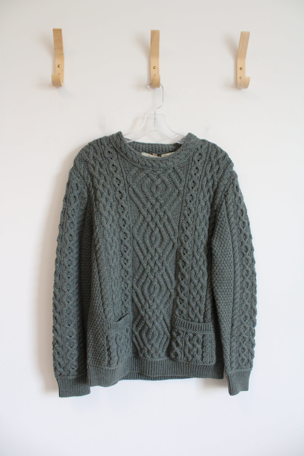 NEW Aran Sweater Market Green Cable Knit Pocket Wool Sweater | L