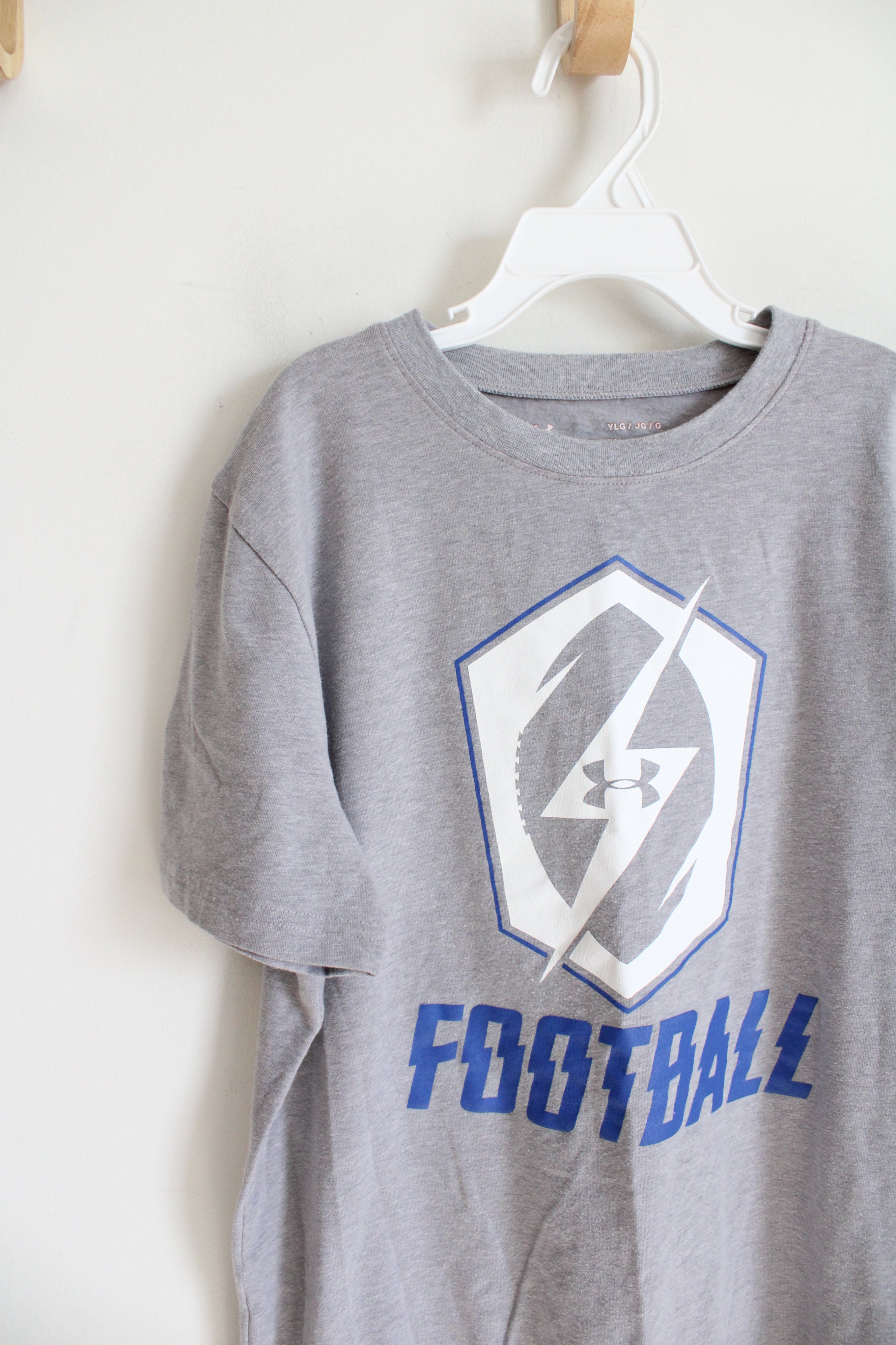 Under Armour Gray White & Blue Football Cotton Shirt | Youth L (14/16)