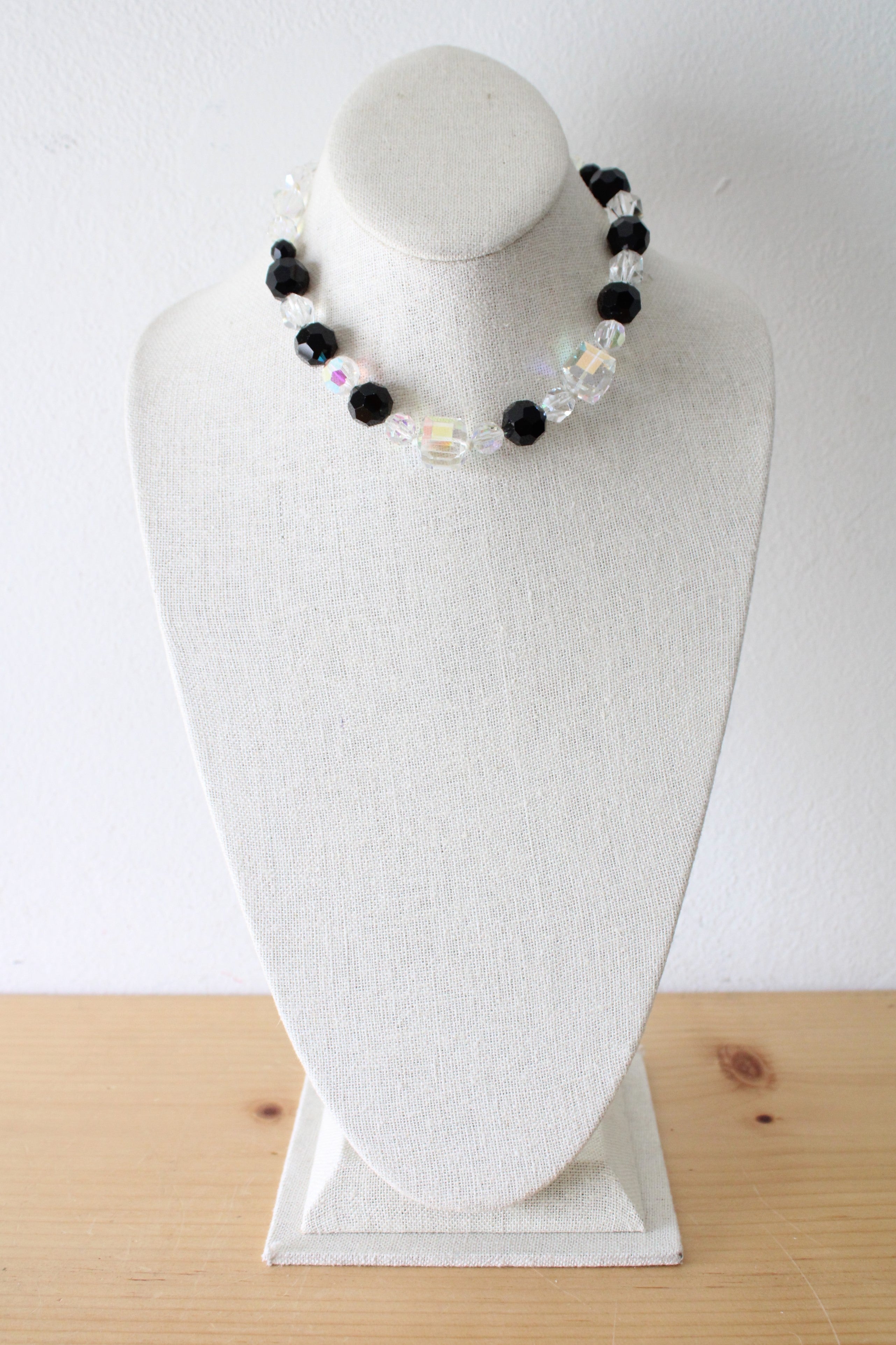 Black & Clear Glass Beaded Choker Vintage Facet Necklace