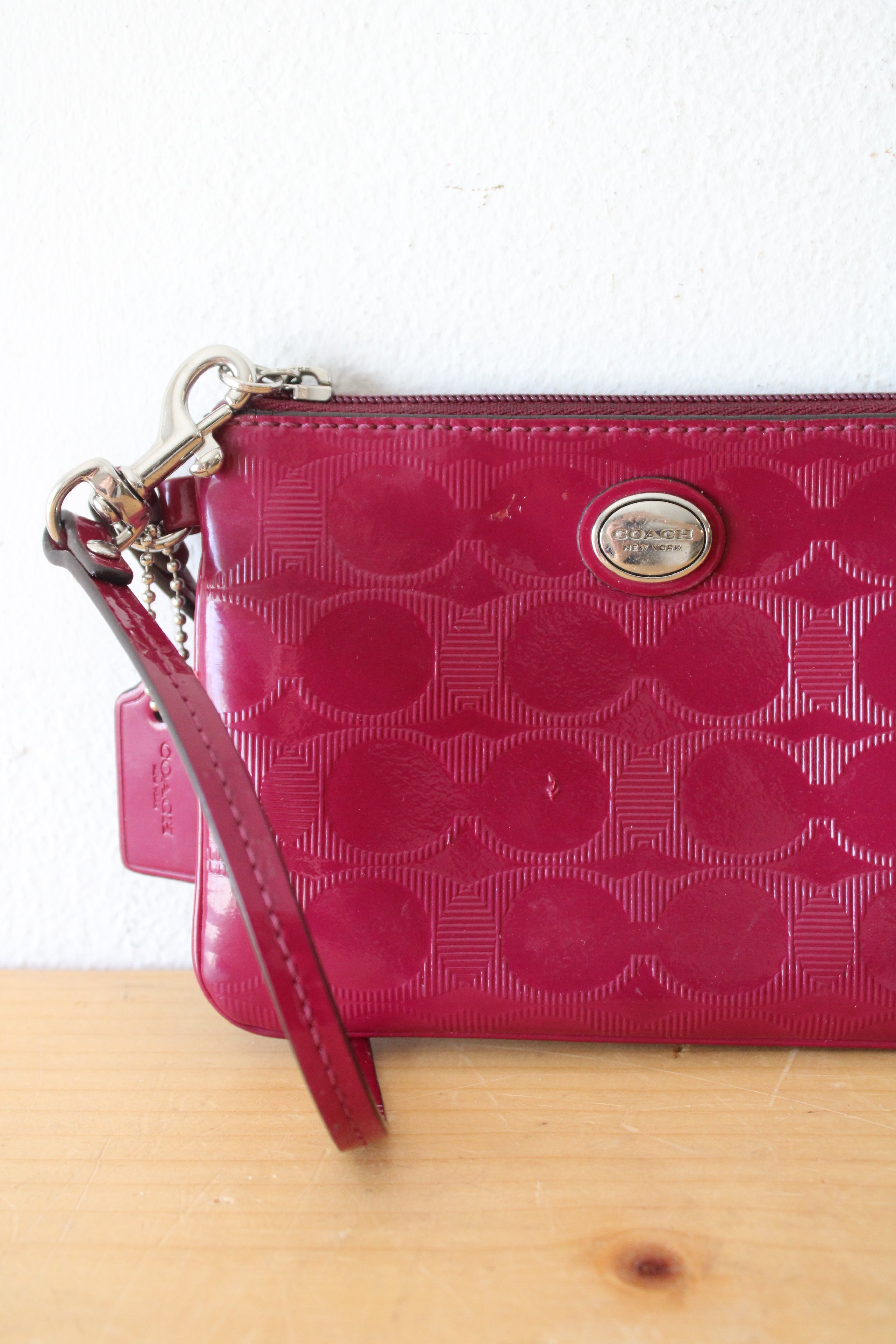 Coach Magenta Signature Embossed Leather Wristlet Wallet