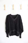 Black Cable Knit Colorful Detailed Stitched V-Neck Sweater | L