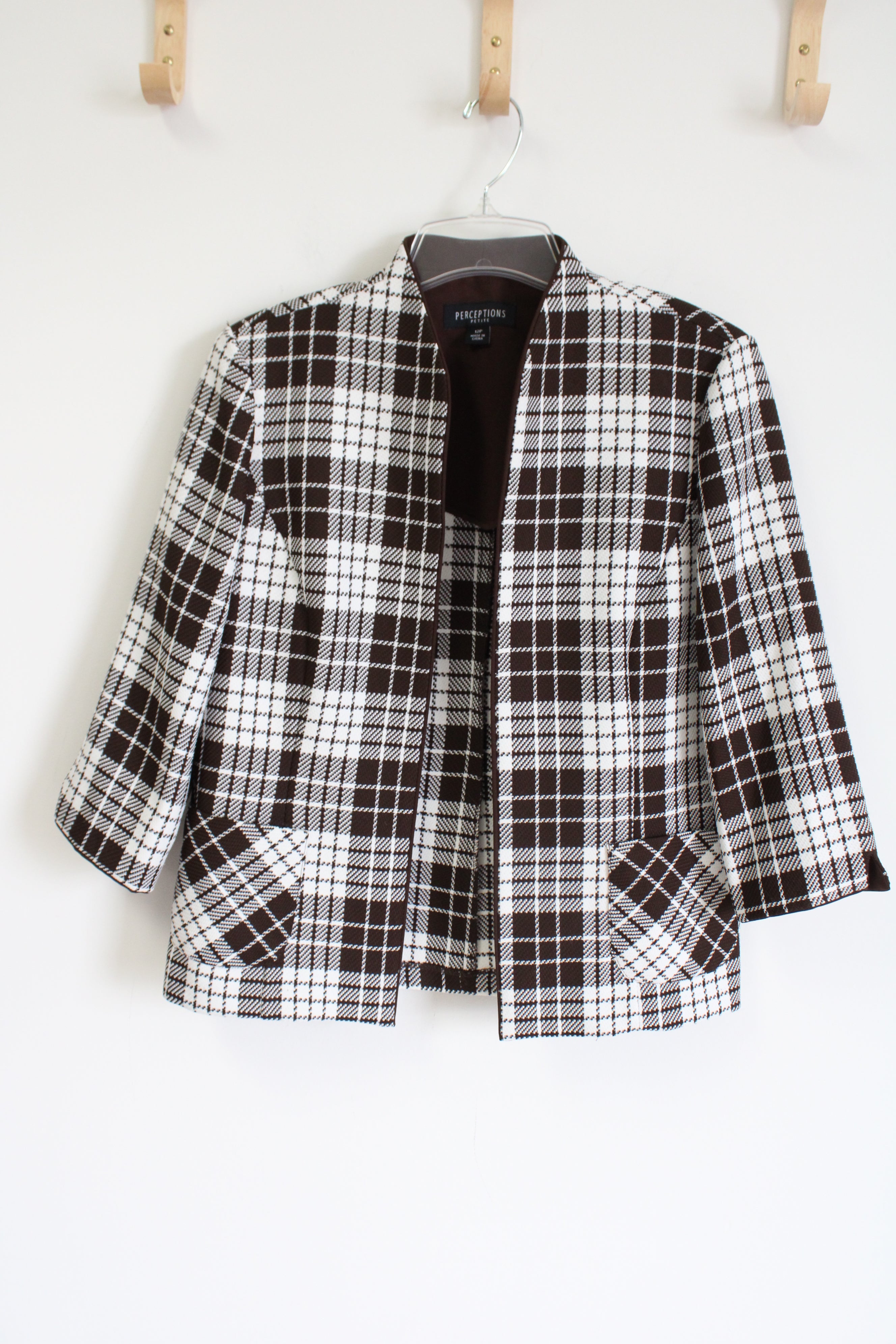 Perceptions Brown White Plaid Light Jacket | 12 Petite