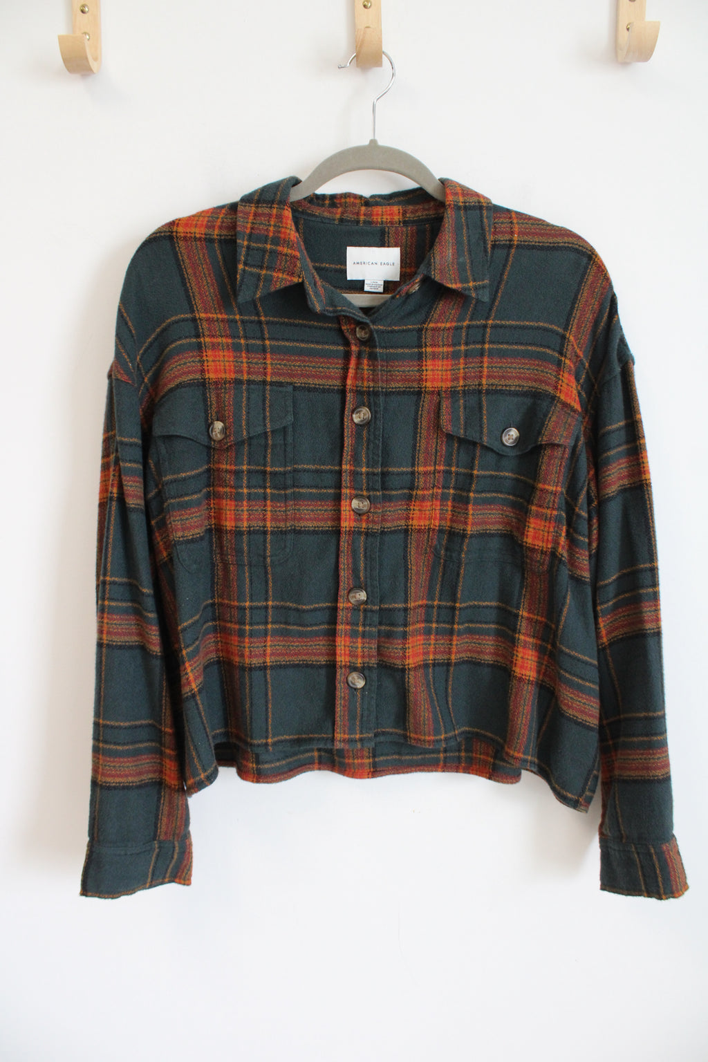 American Eagle Soft Green Orange Boxy Flannel | L