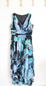 NEW Betsy Adam Green & Blue Floral Black Chiffon Flowy Maxi Dress | 14