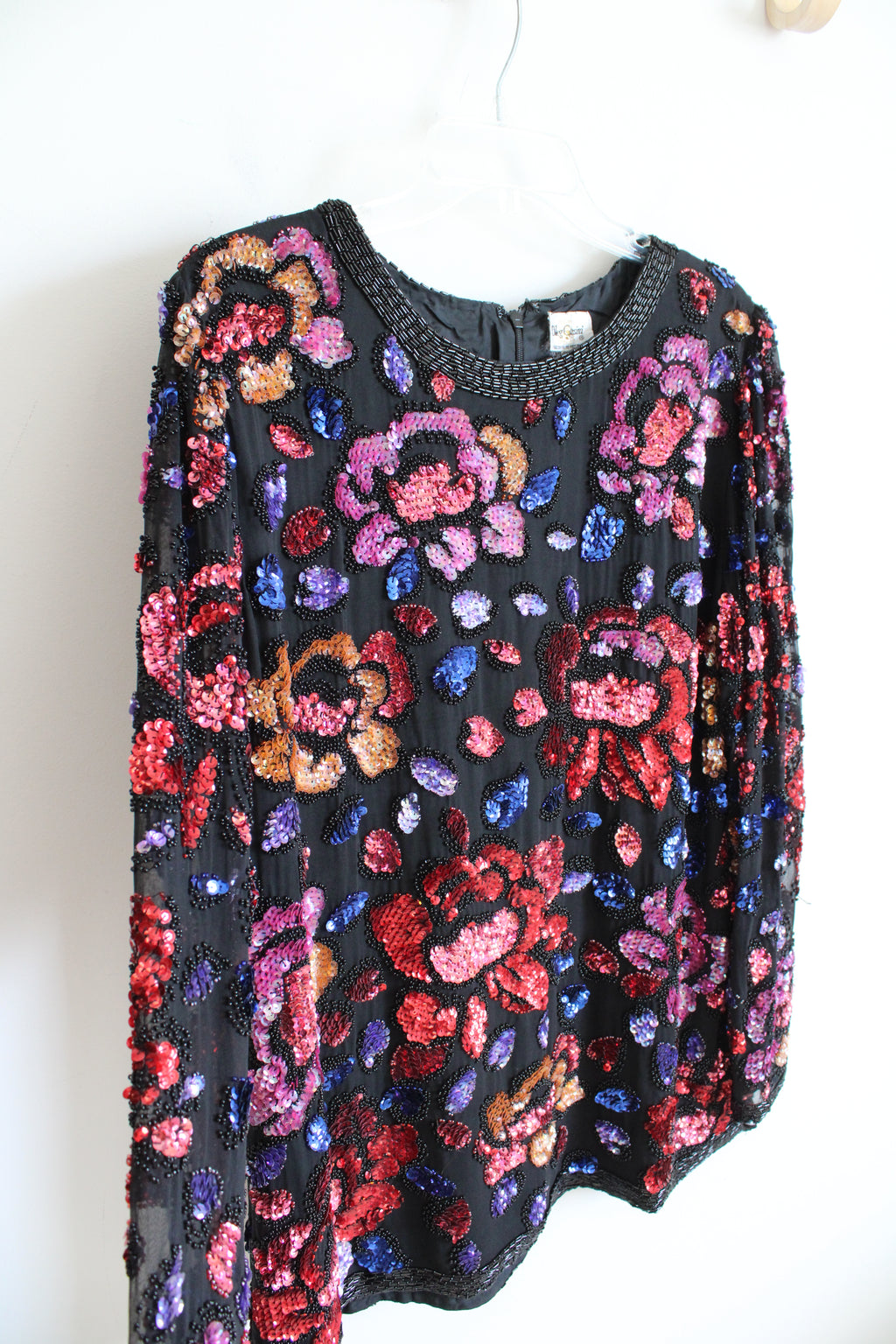 Oleg Cassini Vintage Red Blue & Pink Floral Sequined Top | XL