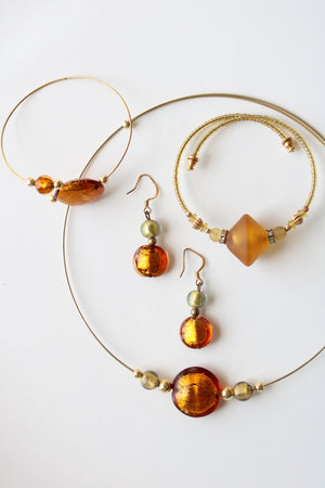 Sunset Orange Glass Beaded Necklace Earring & Bracelet Set