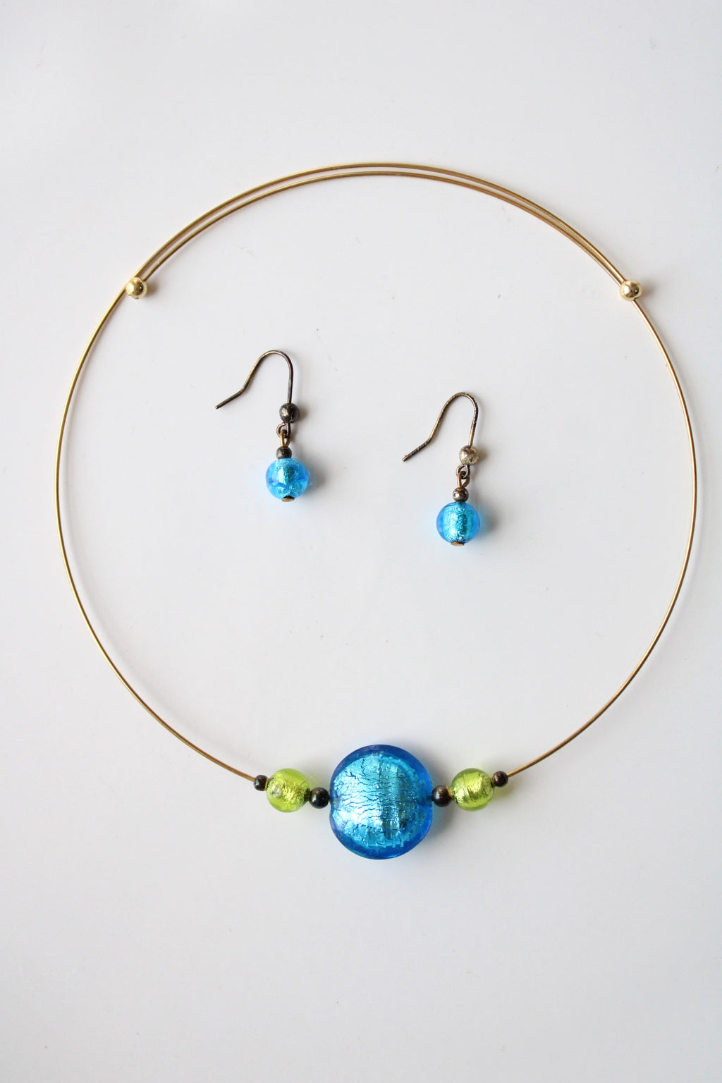 Blue & Green Glass Beaded Gold Wire Choker Necklace & Earring Set