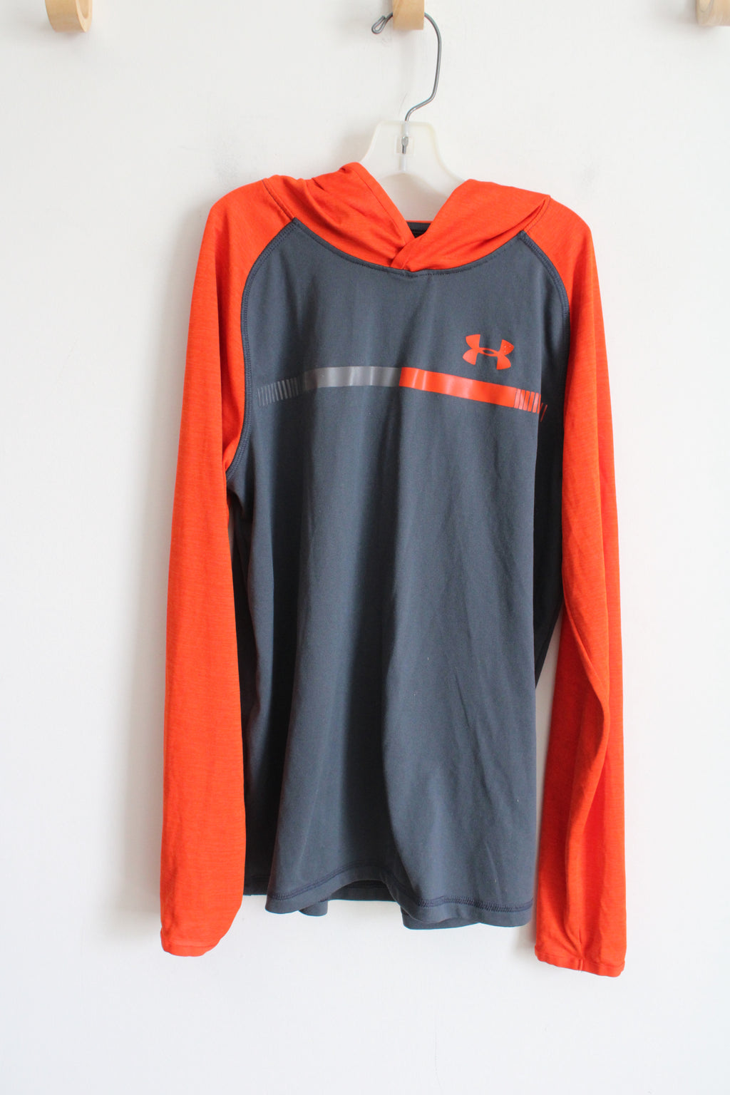 Under Armour HeatGear Gray Orange Hoodie Shirt | Youth L (14/16)