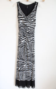 Elaua Kattau Black White Tulle Zebra Stretch Ruched Maxi Dress | S