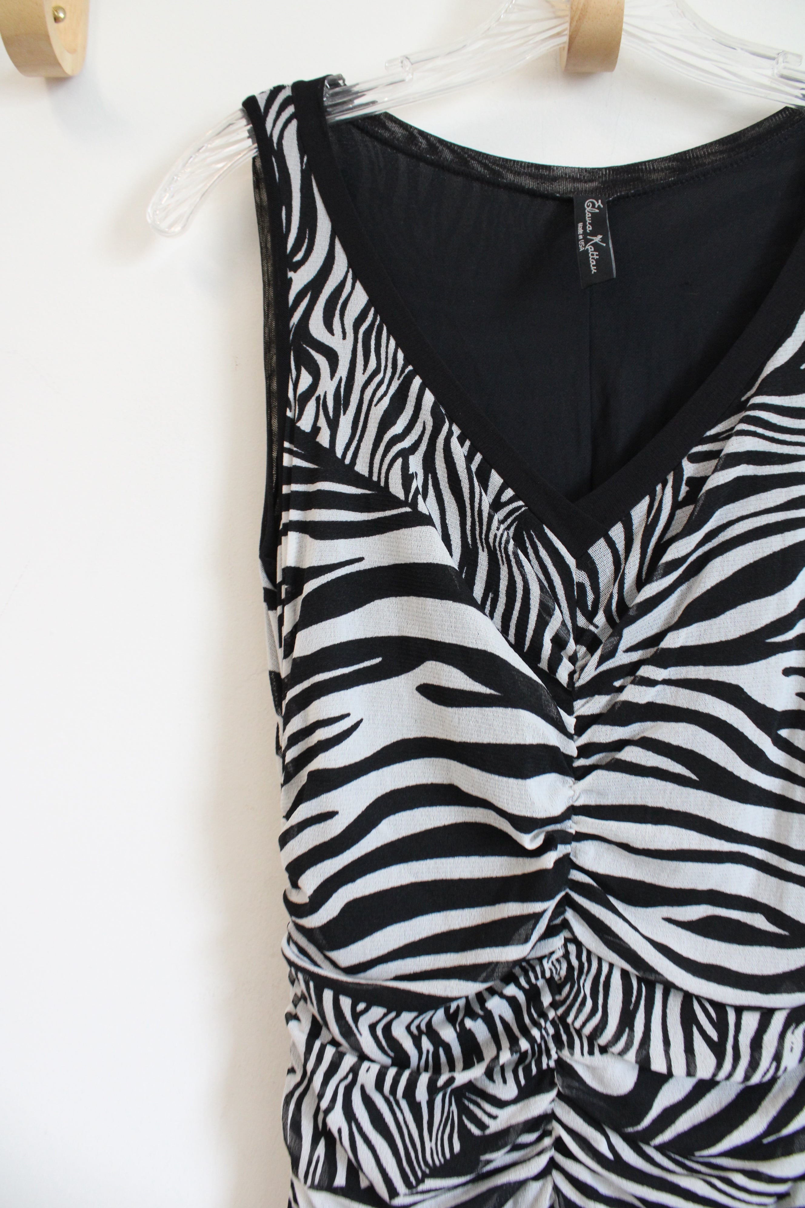 Elaua Kattau Black White Tulle Zebra Stretch Ruched Maxi Dress | S