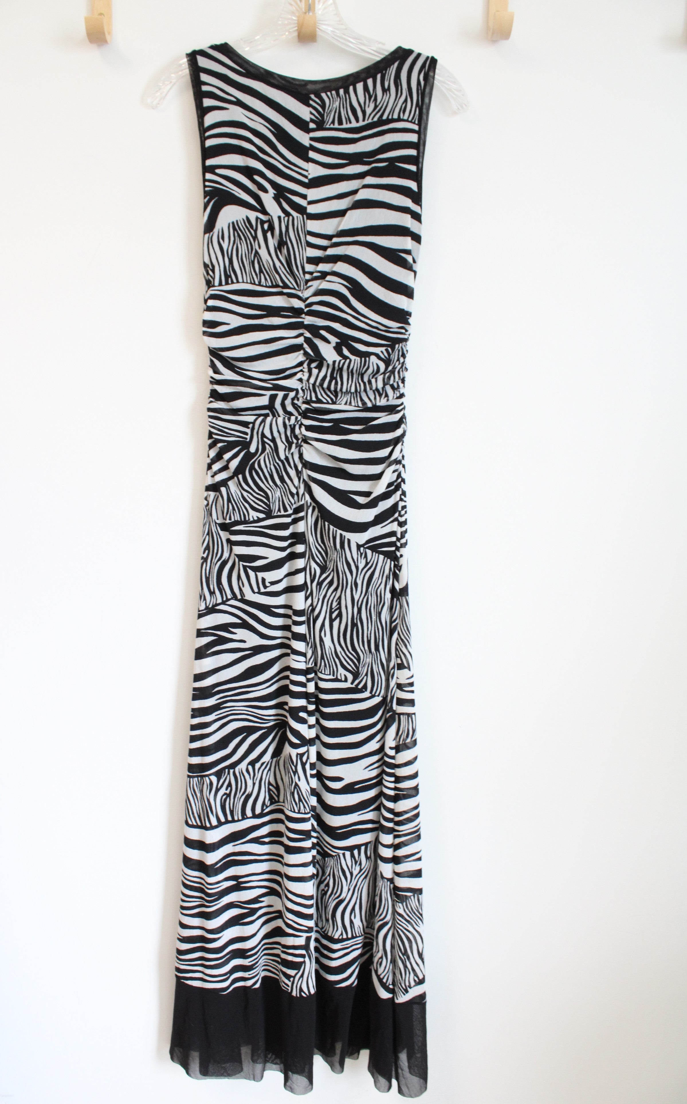 Elaua Kattau Black White Tulle Zebra Stretch Ruched Maxi Dress | S