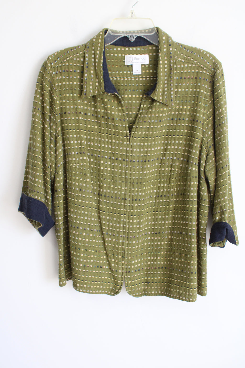 C.J. Banks Green Linen Woven Zip Up Light Jacket | 1X