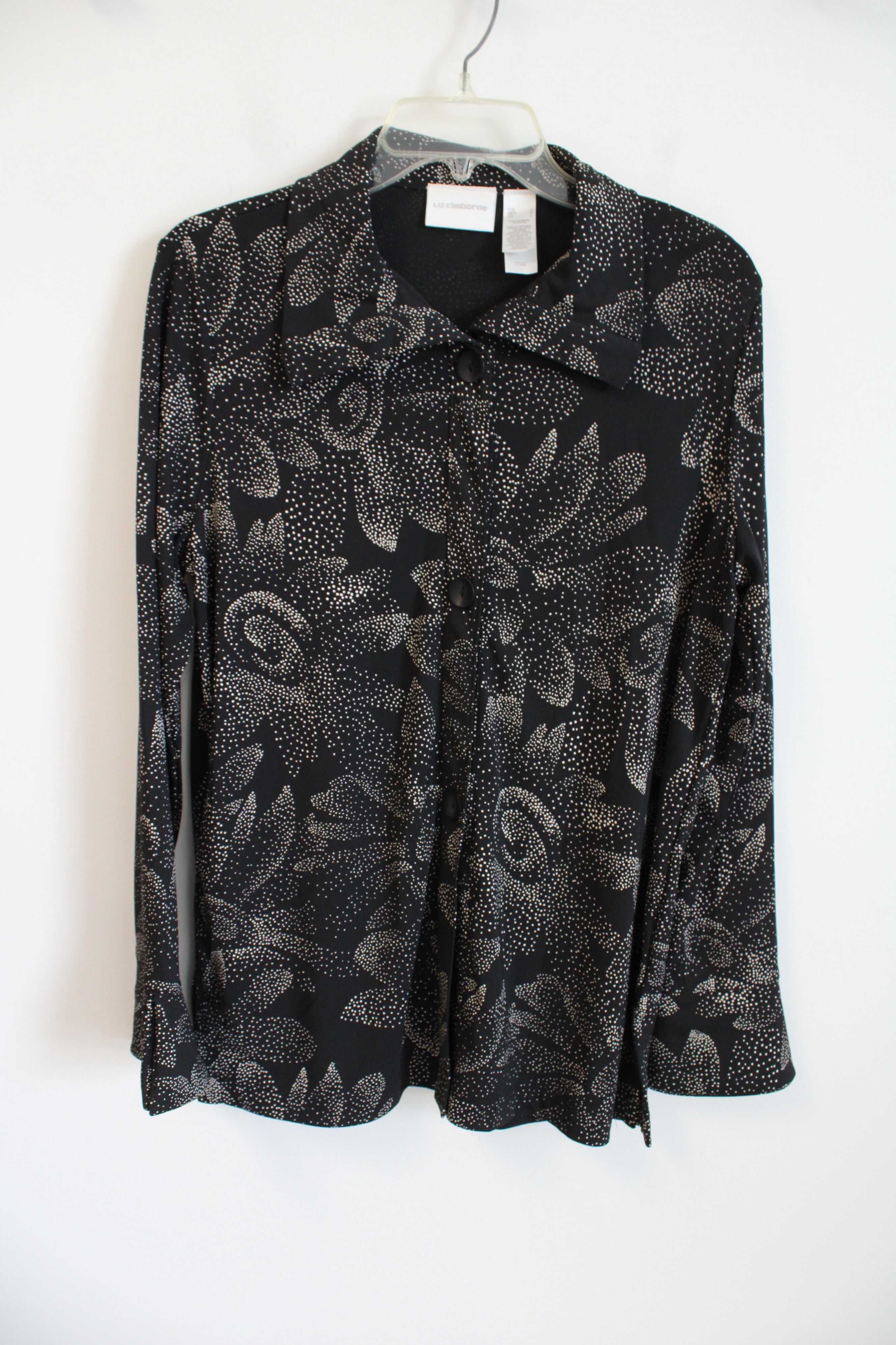 Liz Claiborne Black Tan Floral Dotted Button Down Blouse | L