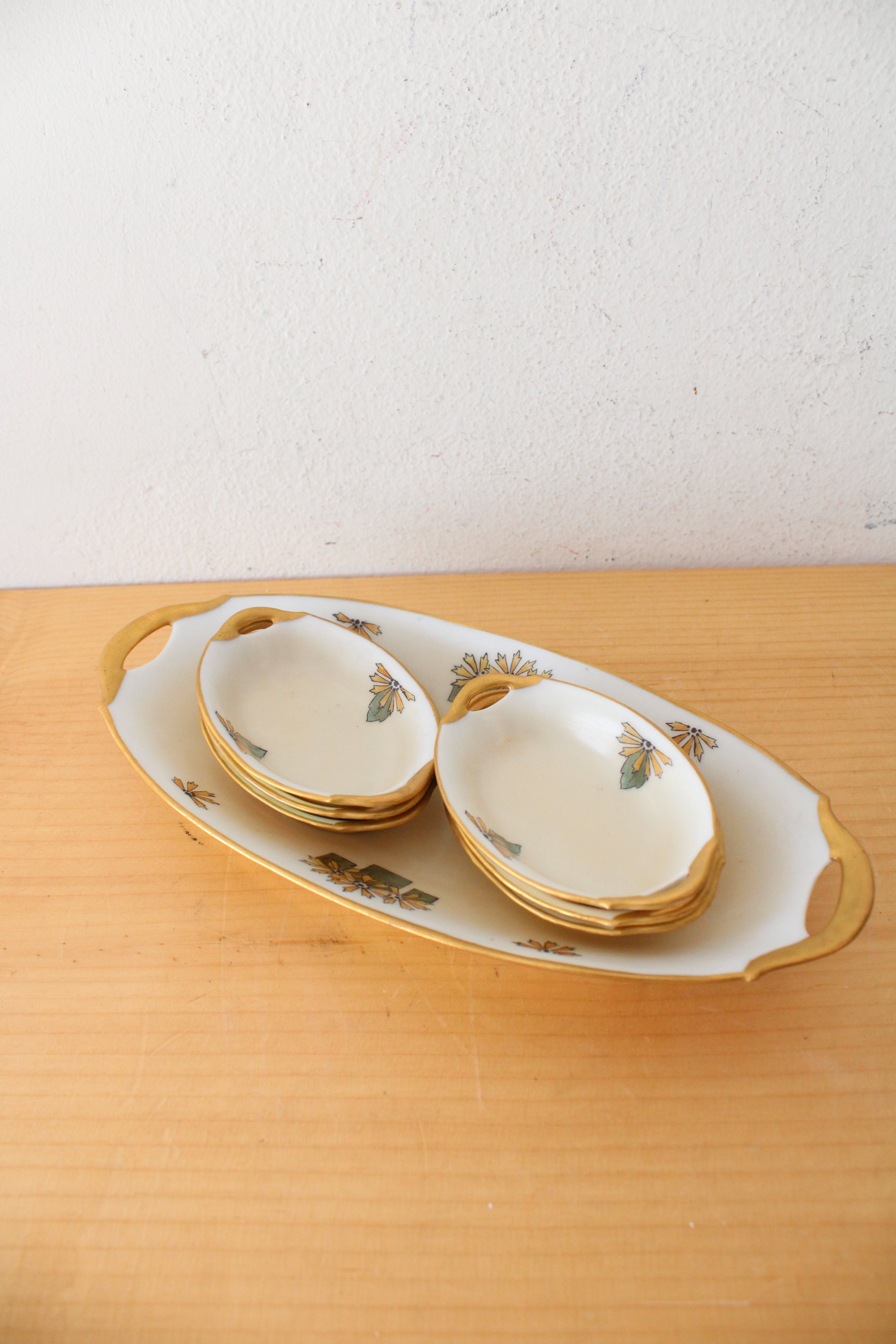 Bavarian Noll Vintage Gold Edged Celery Dish & 6 Salt Cellars