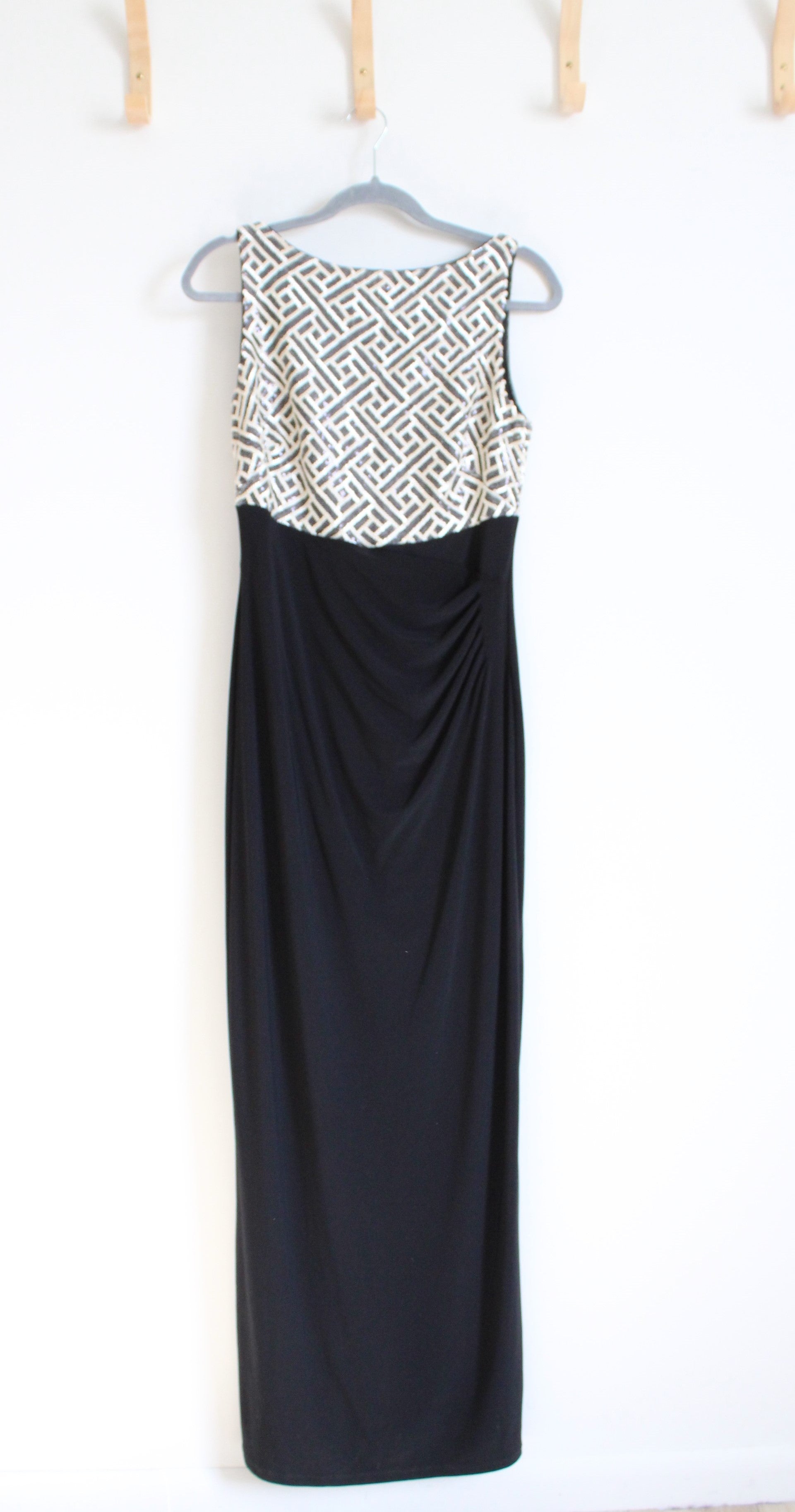 NEW Ralph Lauren Evening Black & Ivory Sequined Maxi Evening Gown | 10