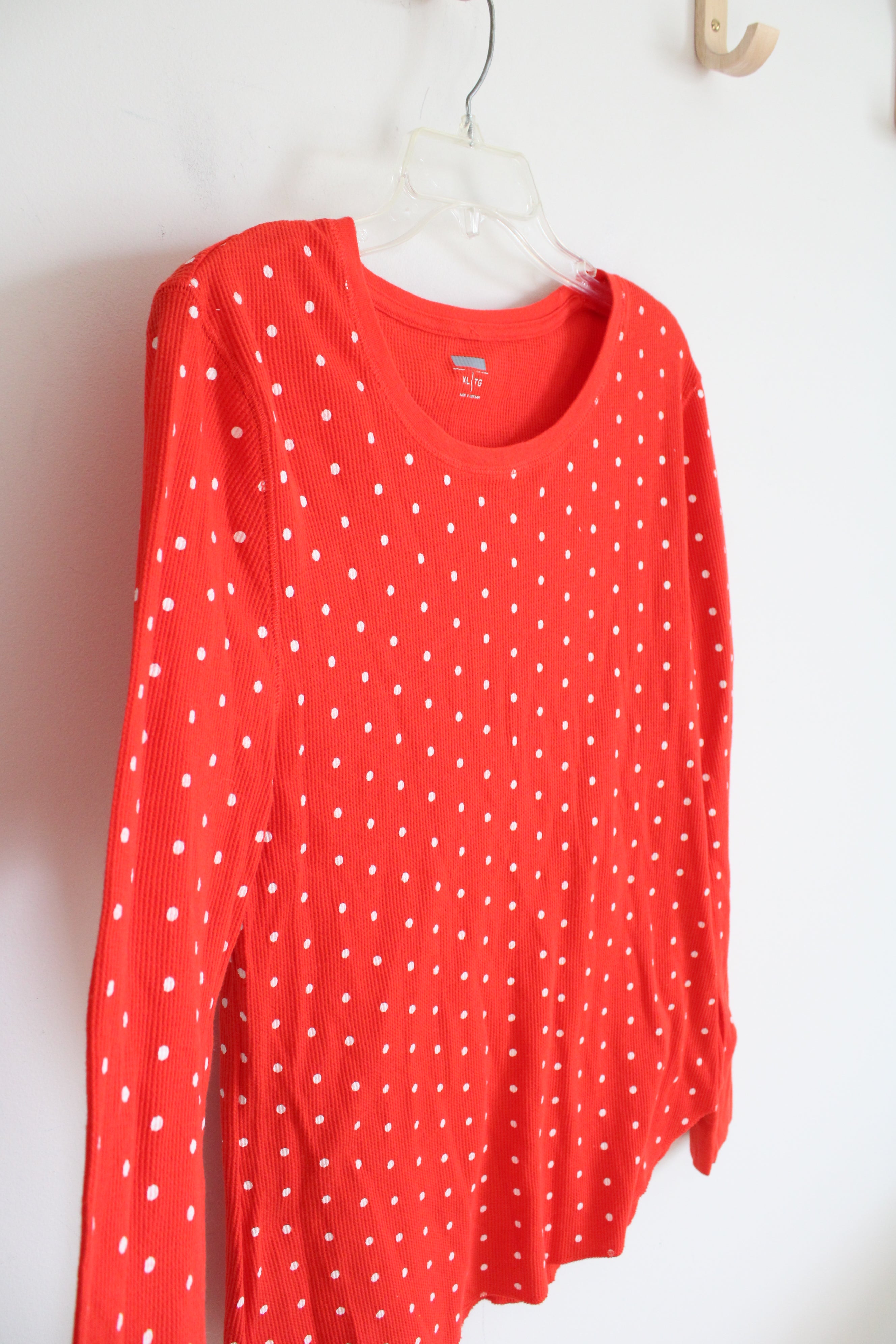 Red & White Polka Dot Waffle Knit Long Sleeved Shirt | XL