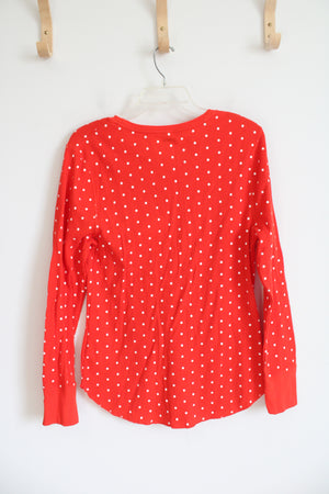 Red & White Polka Dot Waffle Knit Long Sleeved Shirt | XL