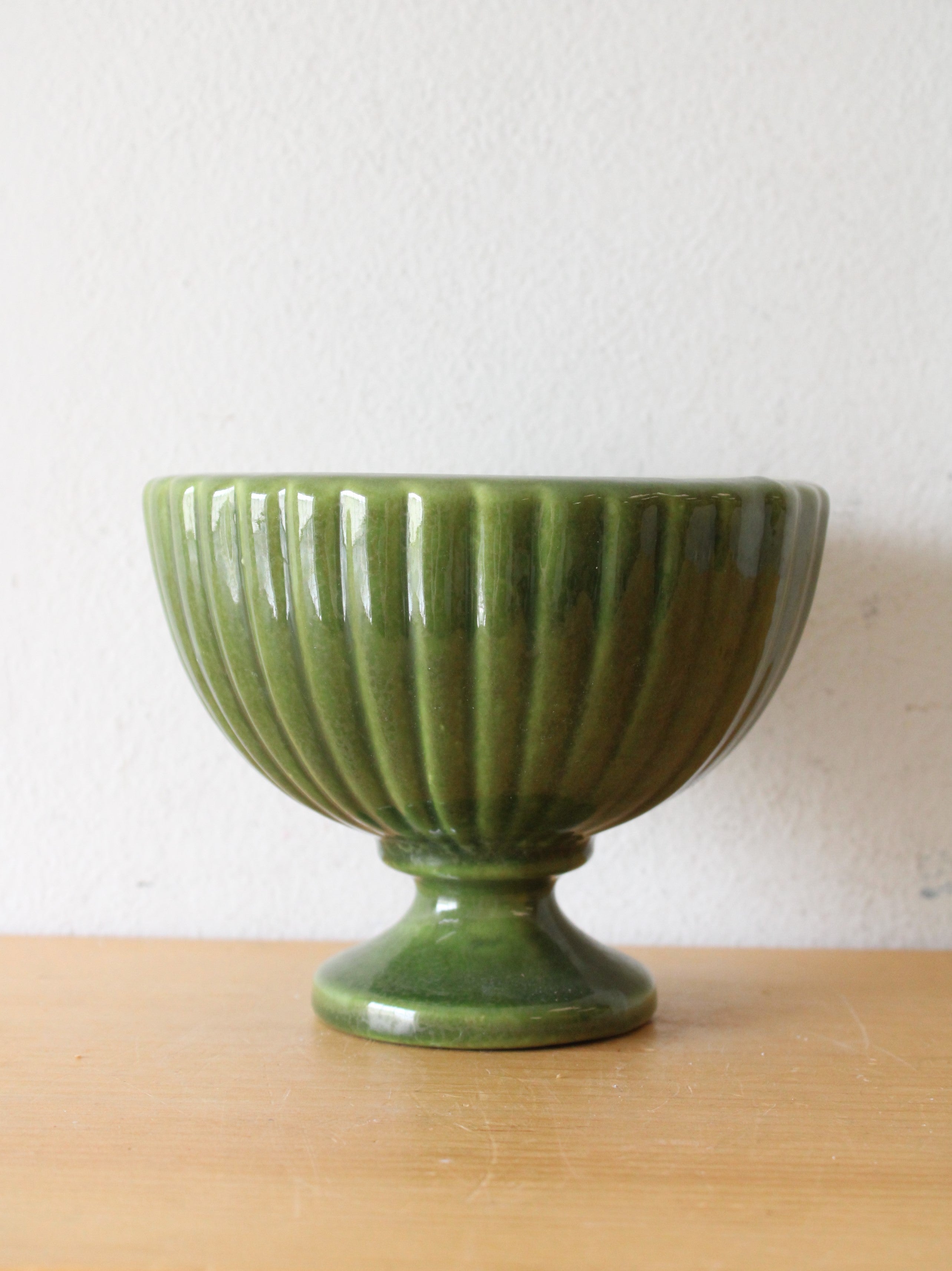 Haeger Ribbed Green Ceramic Pedestal Bowl