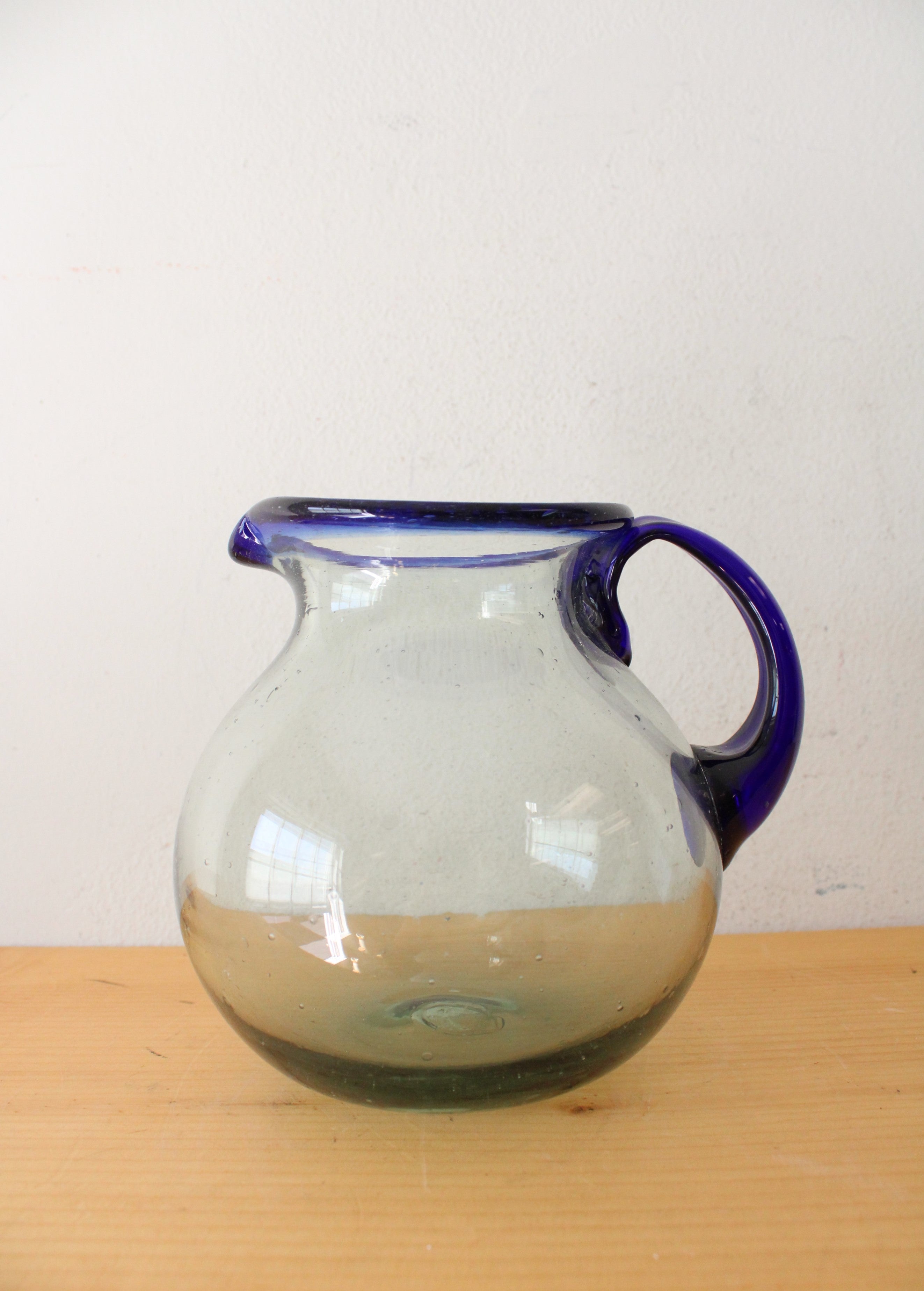 Hand Blown Cobalt Blue Edged Bubble Glass Pitcher