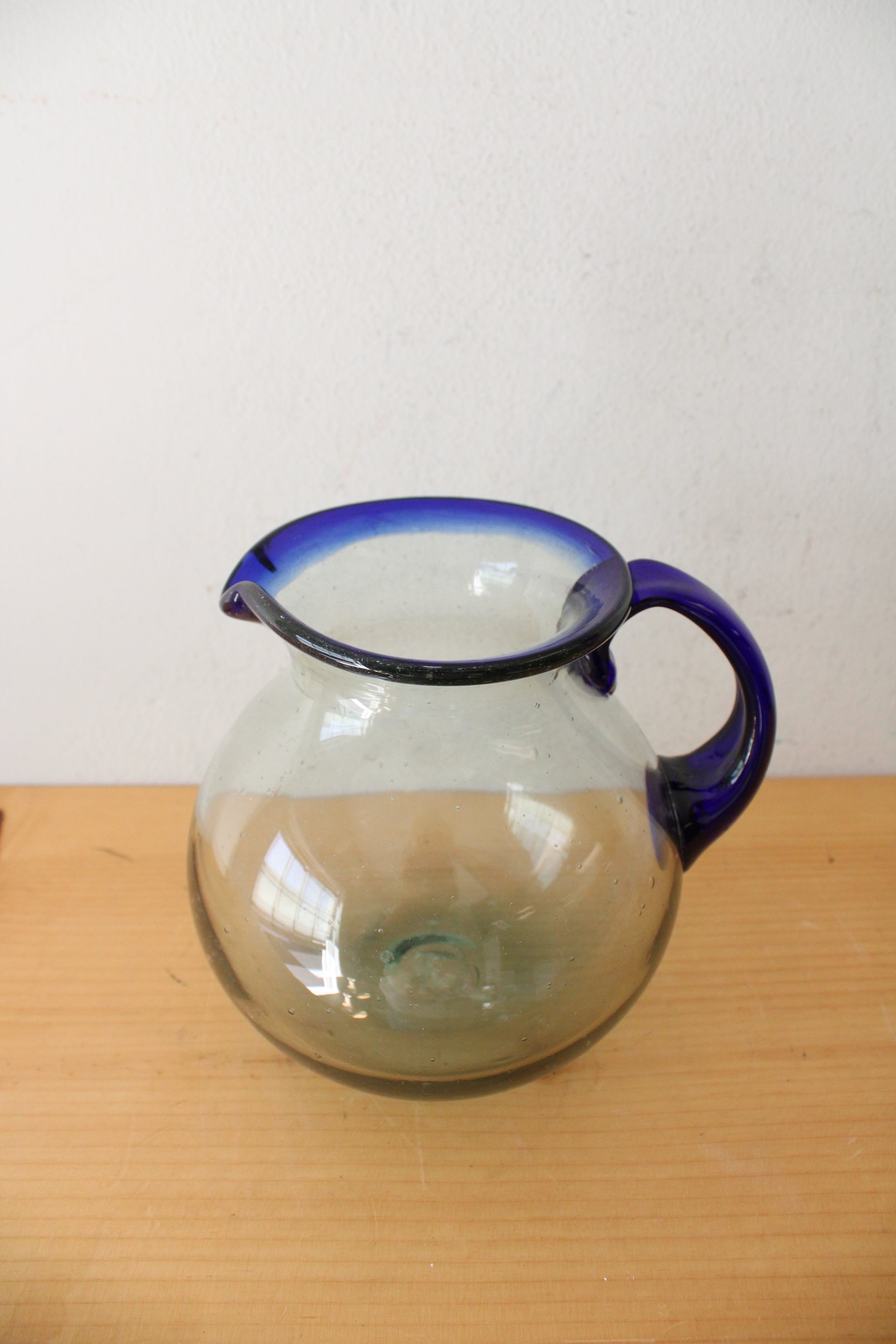 Hand Blown Cobalt Blue Edged Bubble Glass Pitcher