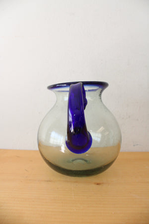 Hand Blown Cobalt Blue Edged Bubble Glass Pitcher