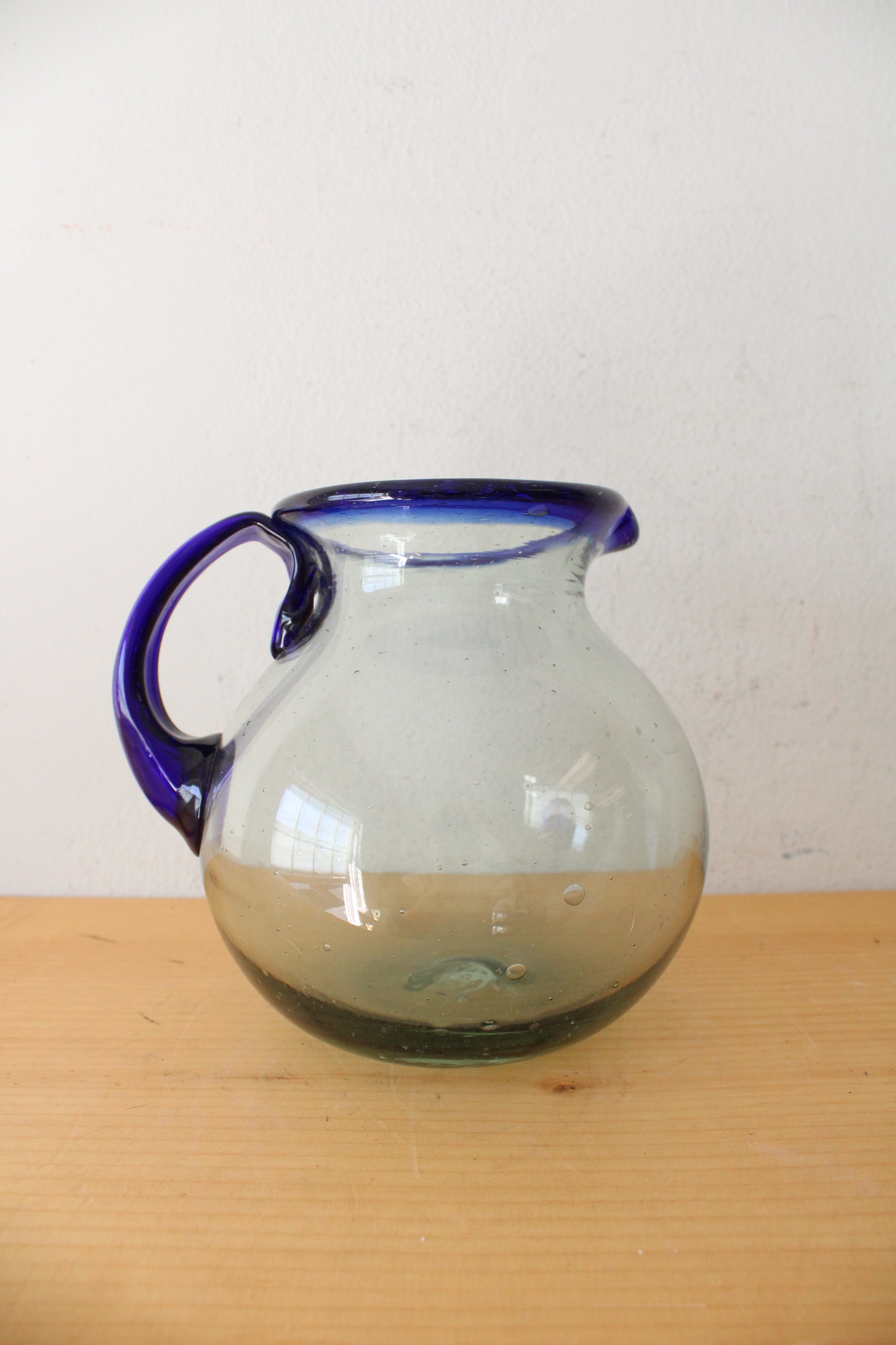 Hand Blown Cobalt Blue Edged Bubble Glass Pitcher