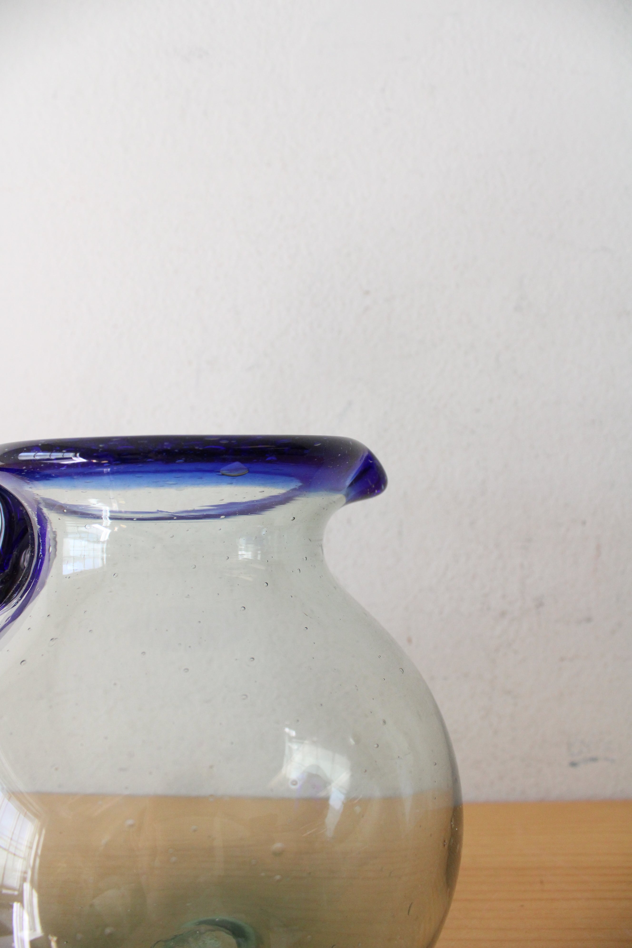 Hand Blown Cobalt Blue Edged Bubble Glass Pitcher