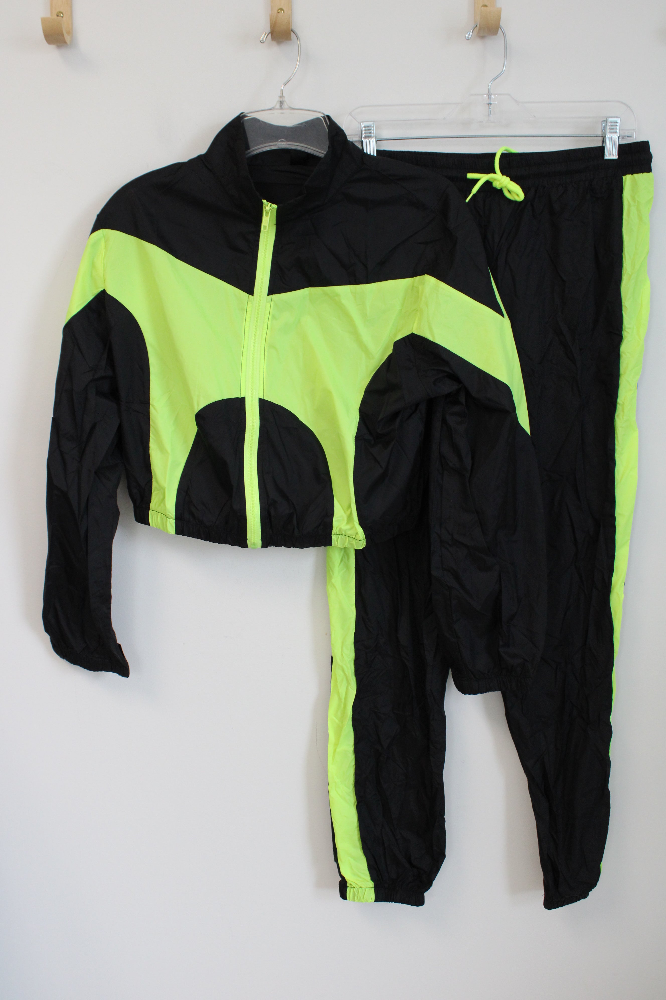 Shein Black & Neon Green Cropped Jacket & Sweatpants Tracksuit Set | L