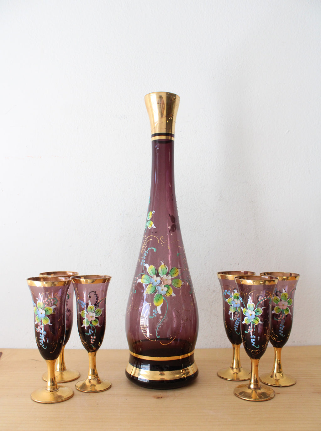 Vintage Purple & Gold Hand Painted Carafe & Goblet Set Of 7