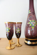 Vintage Purple & Gold Hand Painted Carafe & Goblet Set Of 7