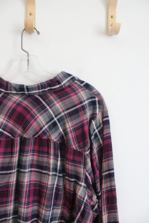 Westport Pink & Navy Plaid Gold Shimmer Button Down Top | 3X