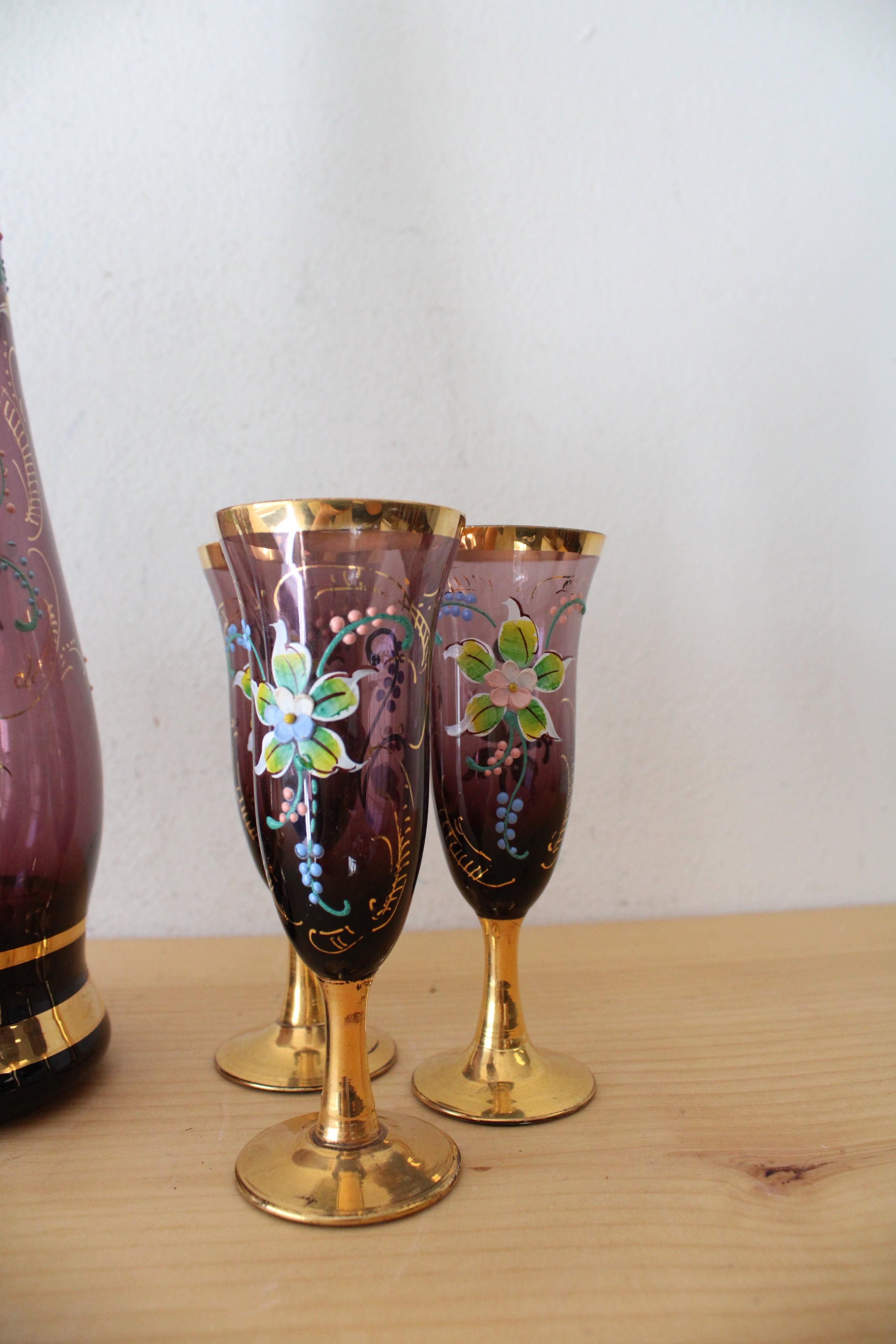 Vintage Purple & Gold Hand Painted Carafe & Goblet Set Of 7