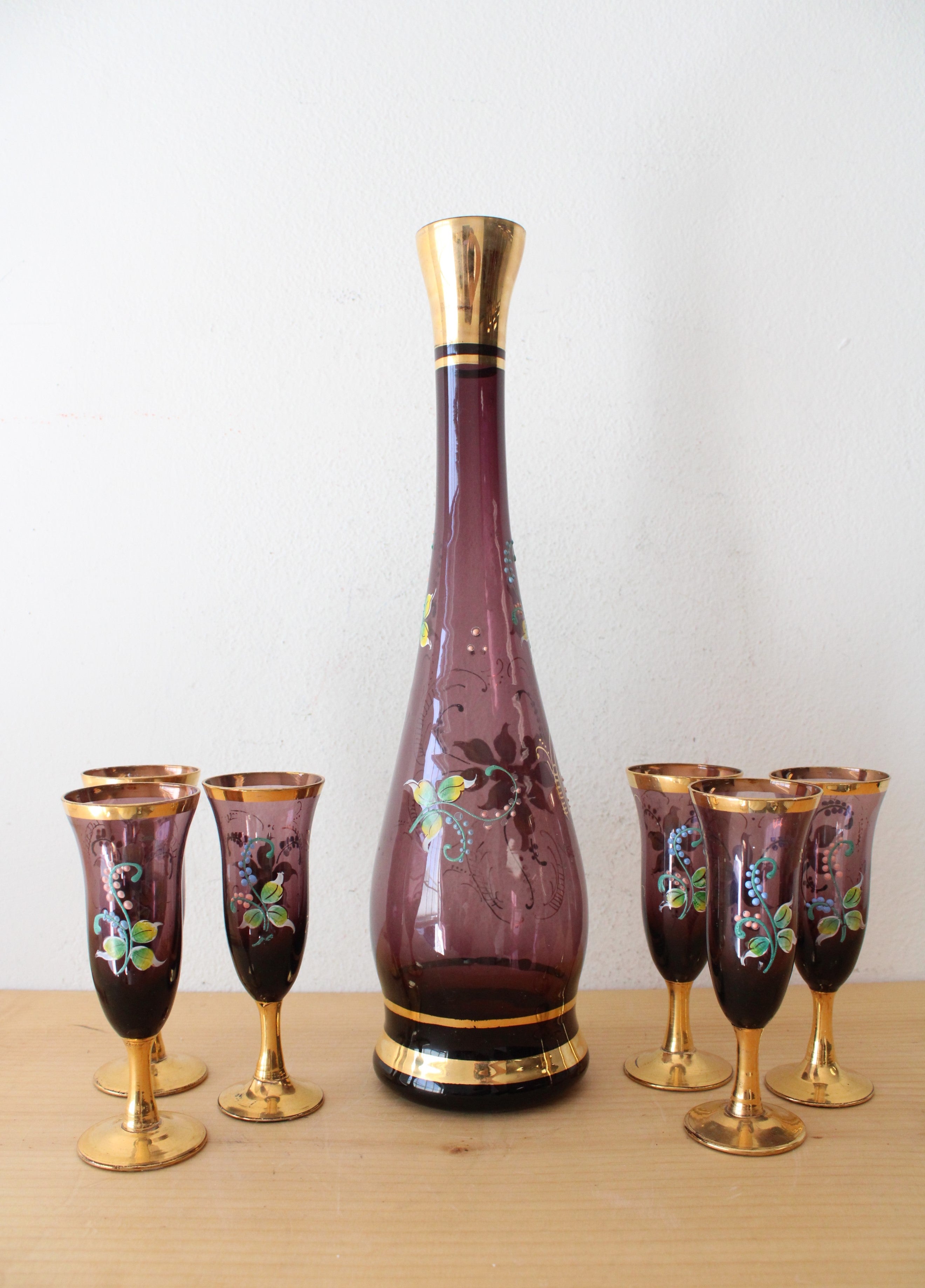 Vintage Purple & Gold Hand Painted Carafe & Goblet Set Of 7