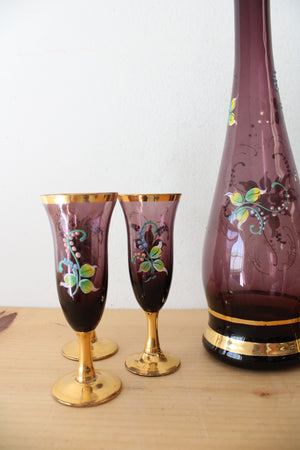 Vintage Purple & Gold Hand Painted Carafe & Goblet Set Of 7