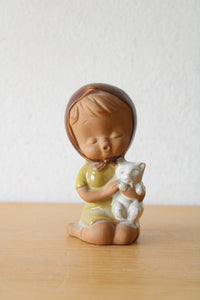Ceramic Girl Holding Kitten Figurine