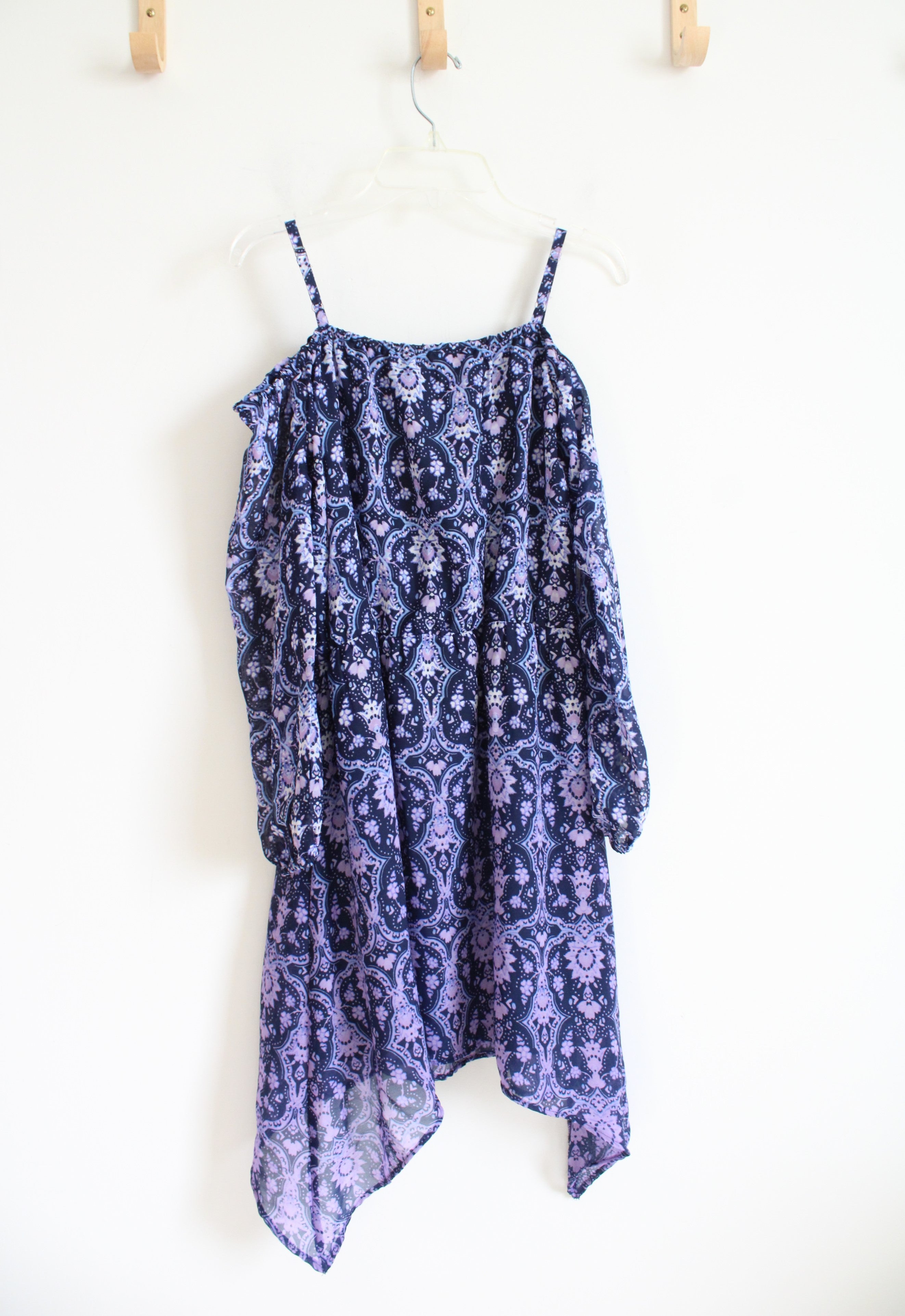 NEW Children's Place Blue & Purple Patterned Cold Shoulder Dress | Youth XL (14)