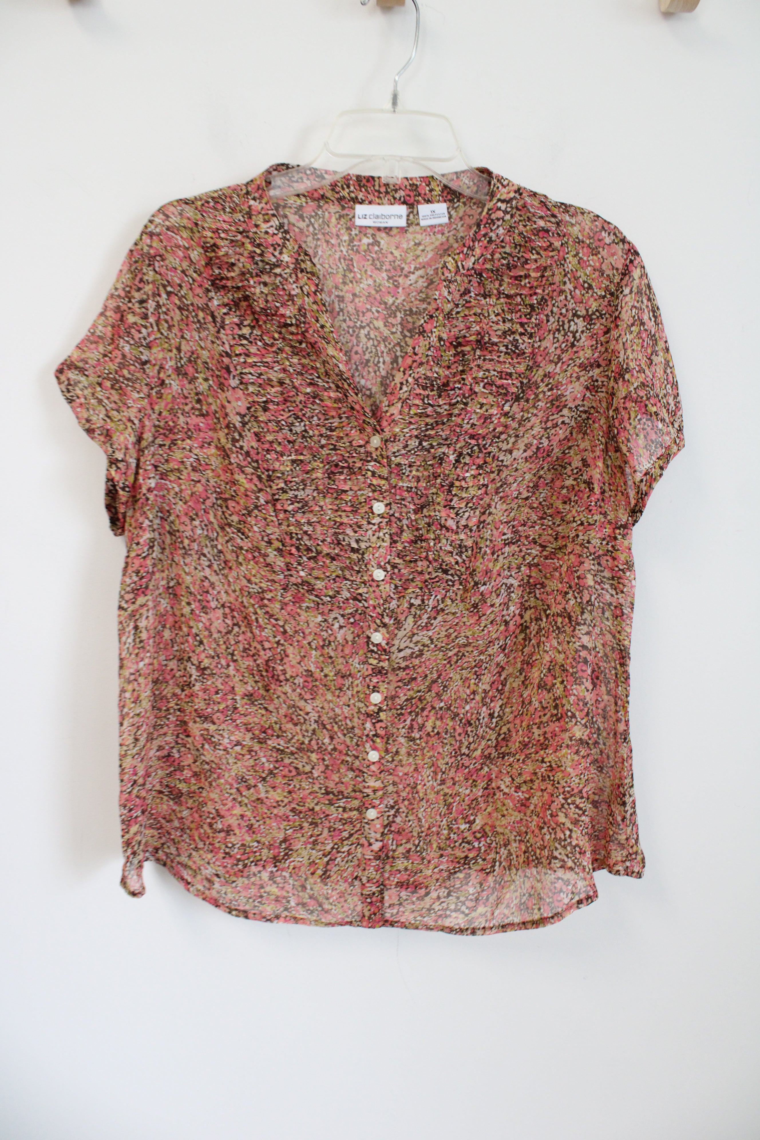 Liz Claiborne Pink Brown & Green Button Down Sheer Top | 1X