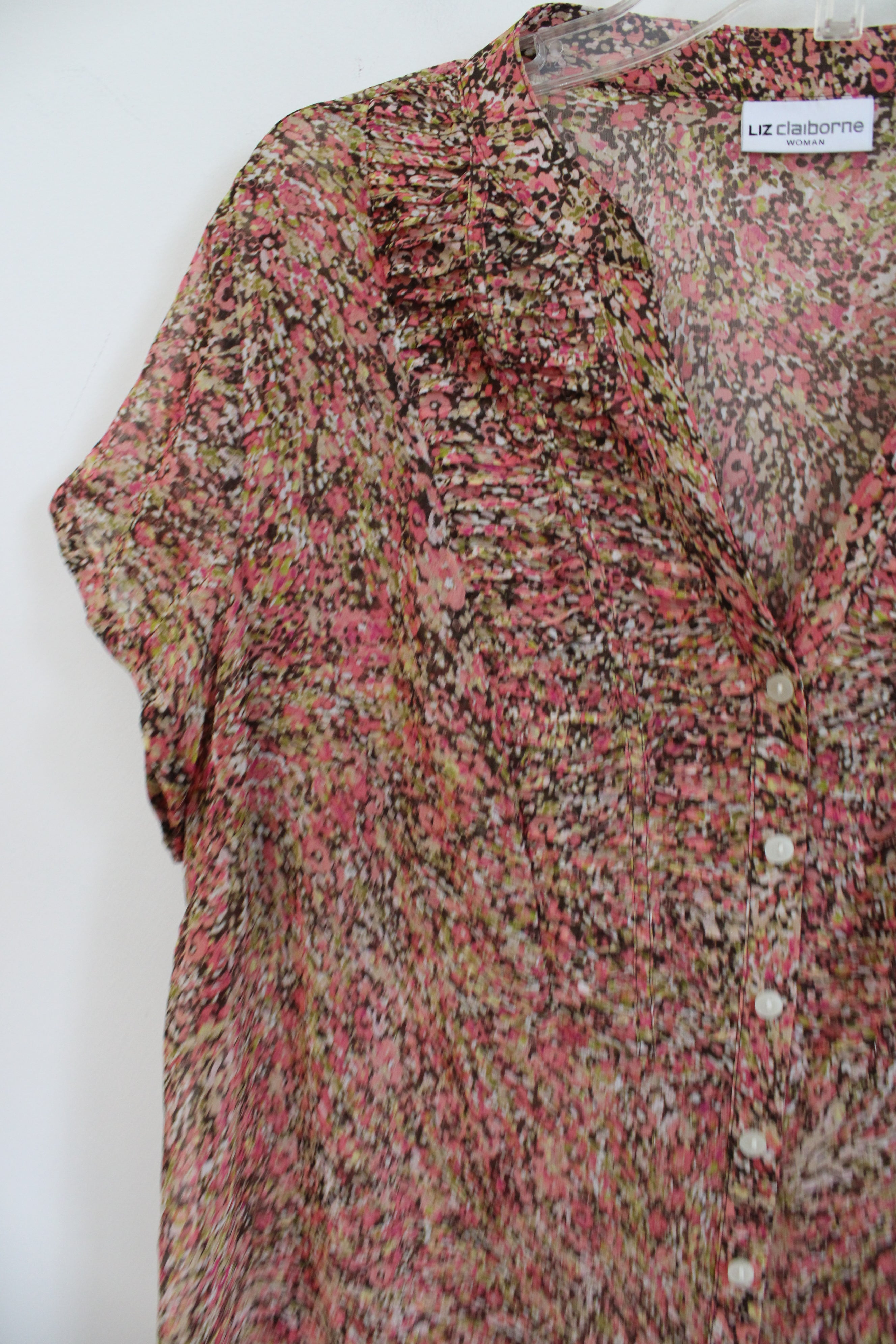 Liz Claiborne Pink Brown & Green Button Down Sheer Top | 1X