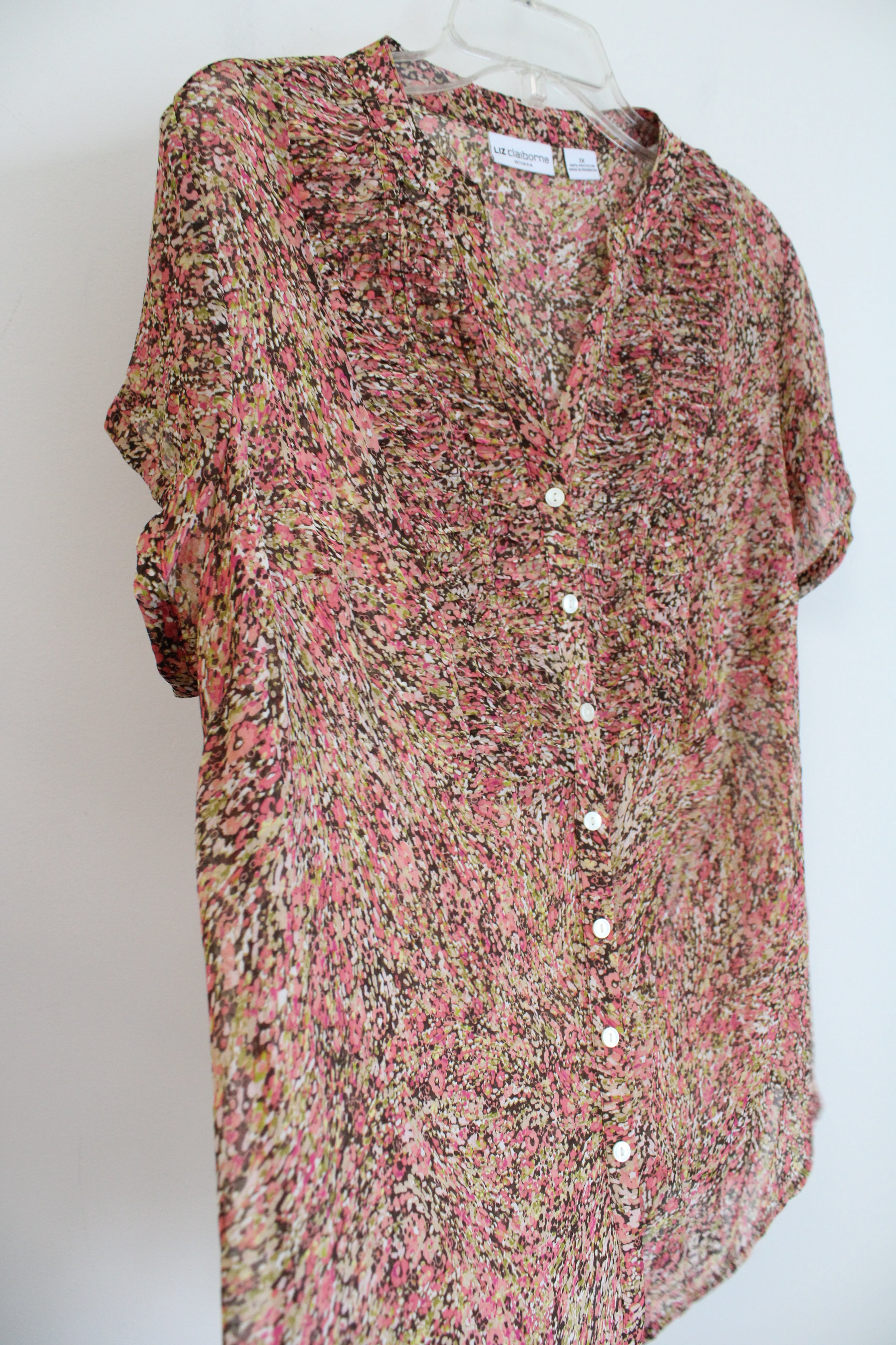 Liz Claiborne Pink Brown & Green Button Down Sheer Top | 1X