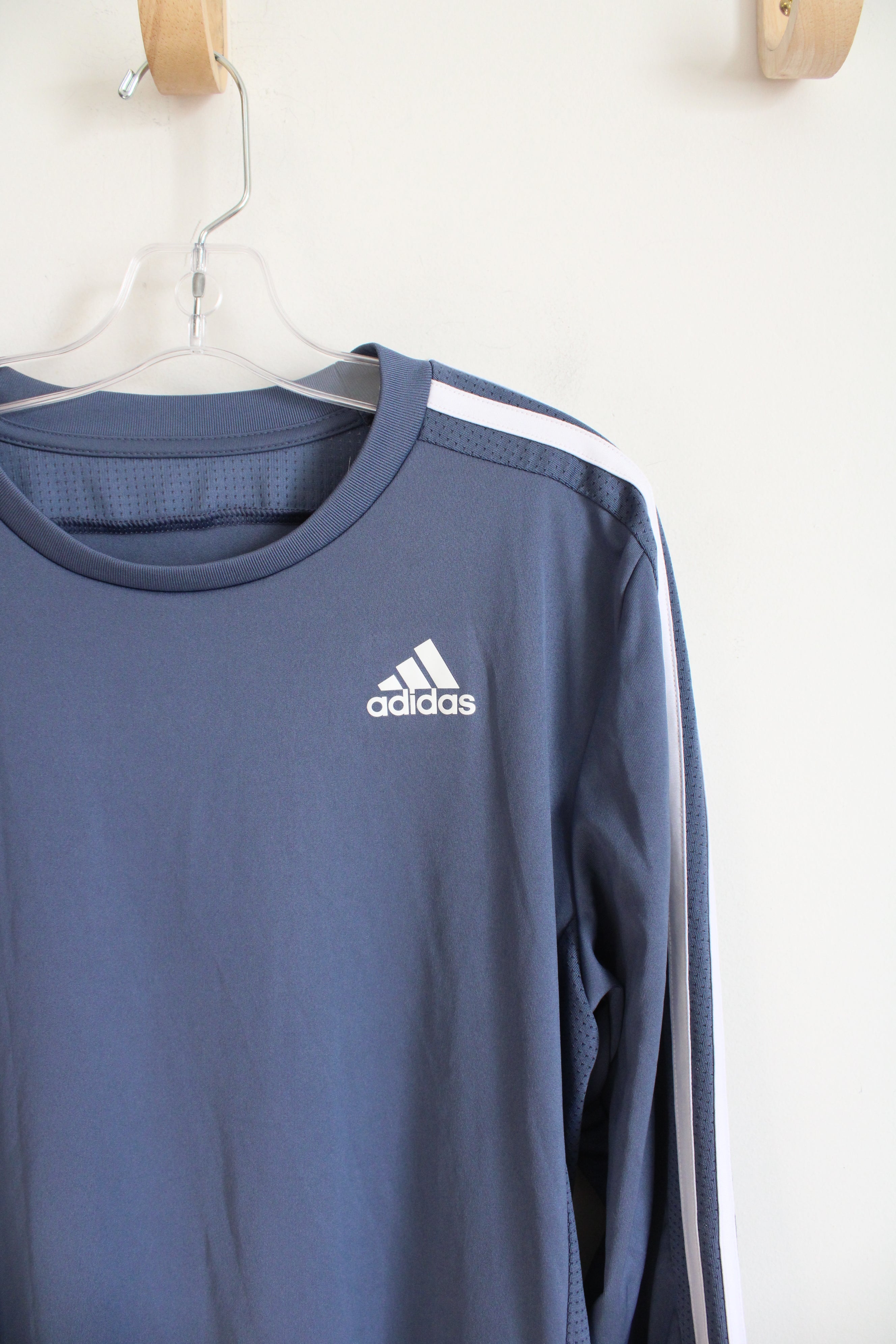 Adidas Dusty Blue & White Long Sleeved Athletic Shirt | Youth L (14/16)