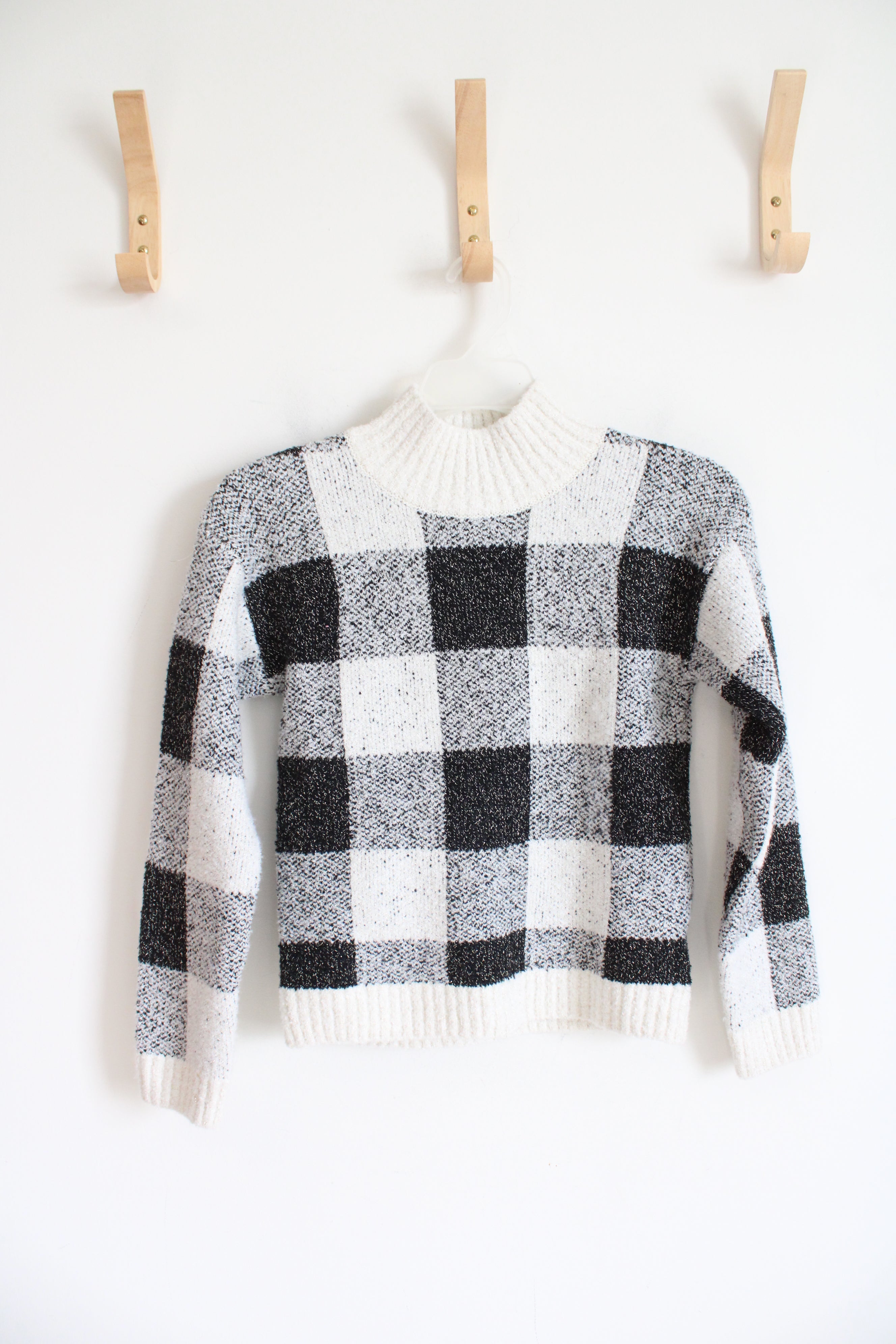 NEW Cat & Jack Black & White Plaid Shimmer Mock Neck Sweater | Youth 7/8 (M)