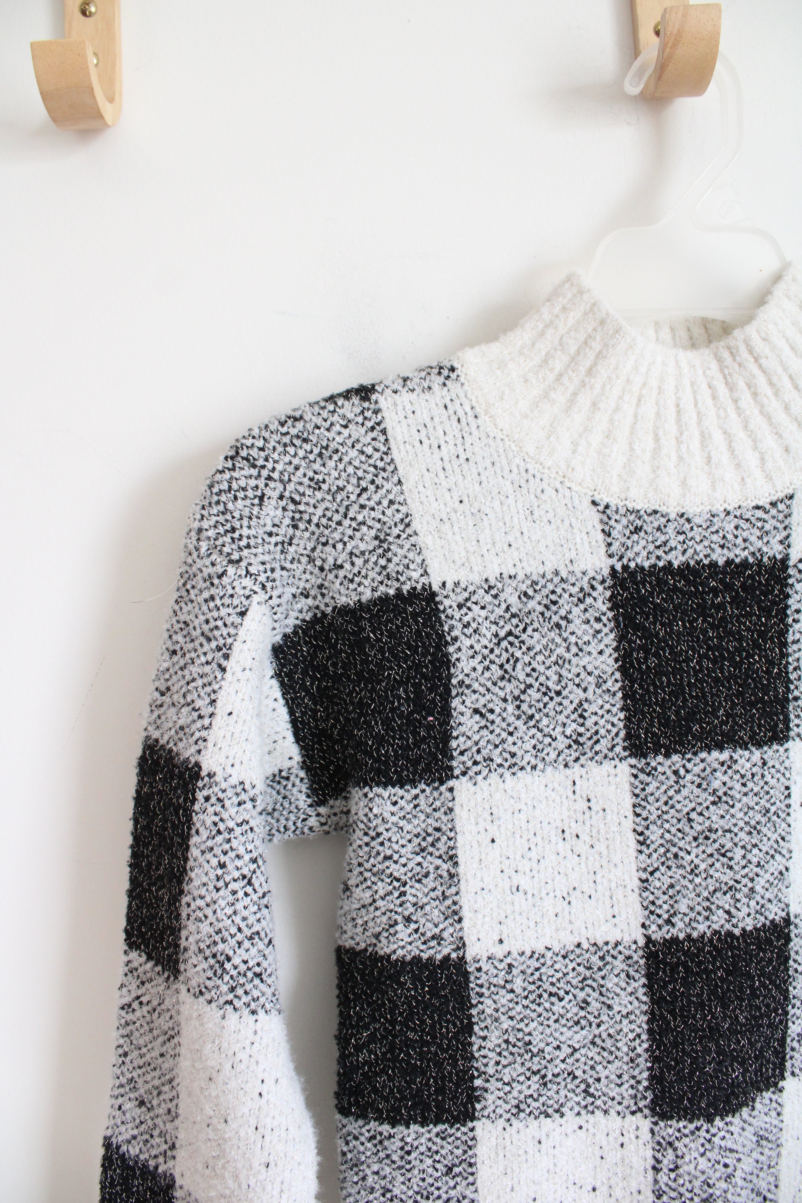 NEW Cat & Jack Black & White Plaid Shimmer Mock Neck Sweater | Youth 7/8 (M)