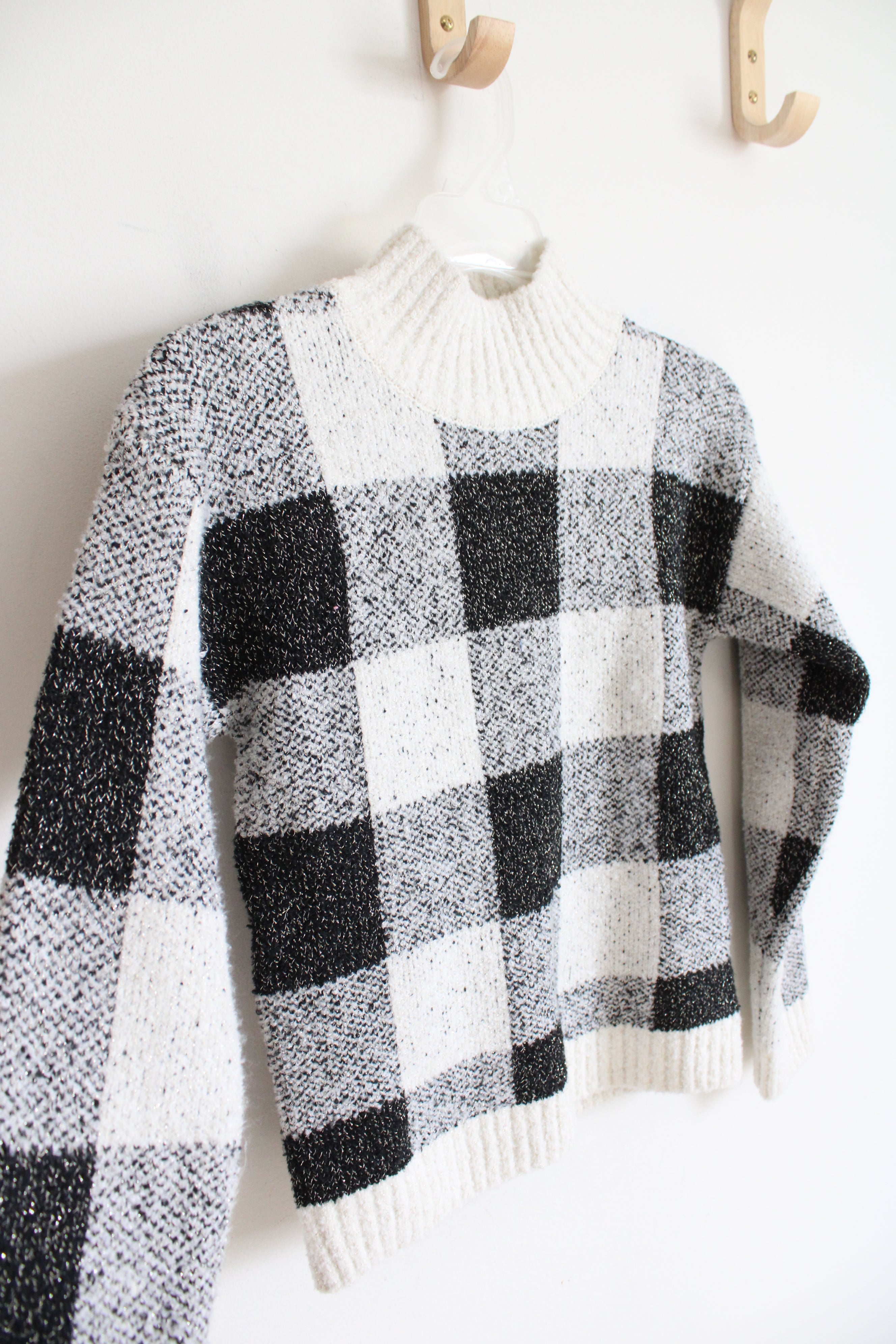 NEW Cat & Jack Black & White Plaid Shimmer Mock Neck Sweater | Youth 7/8 (M)