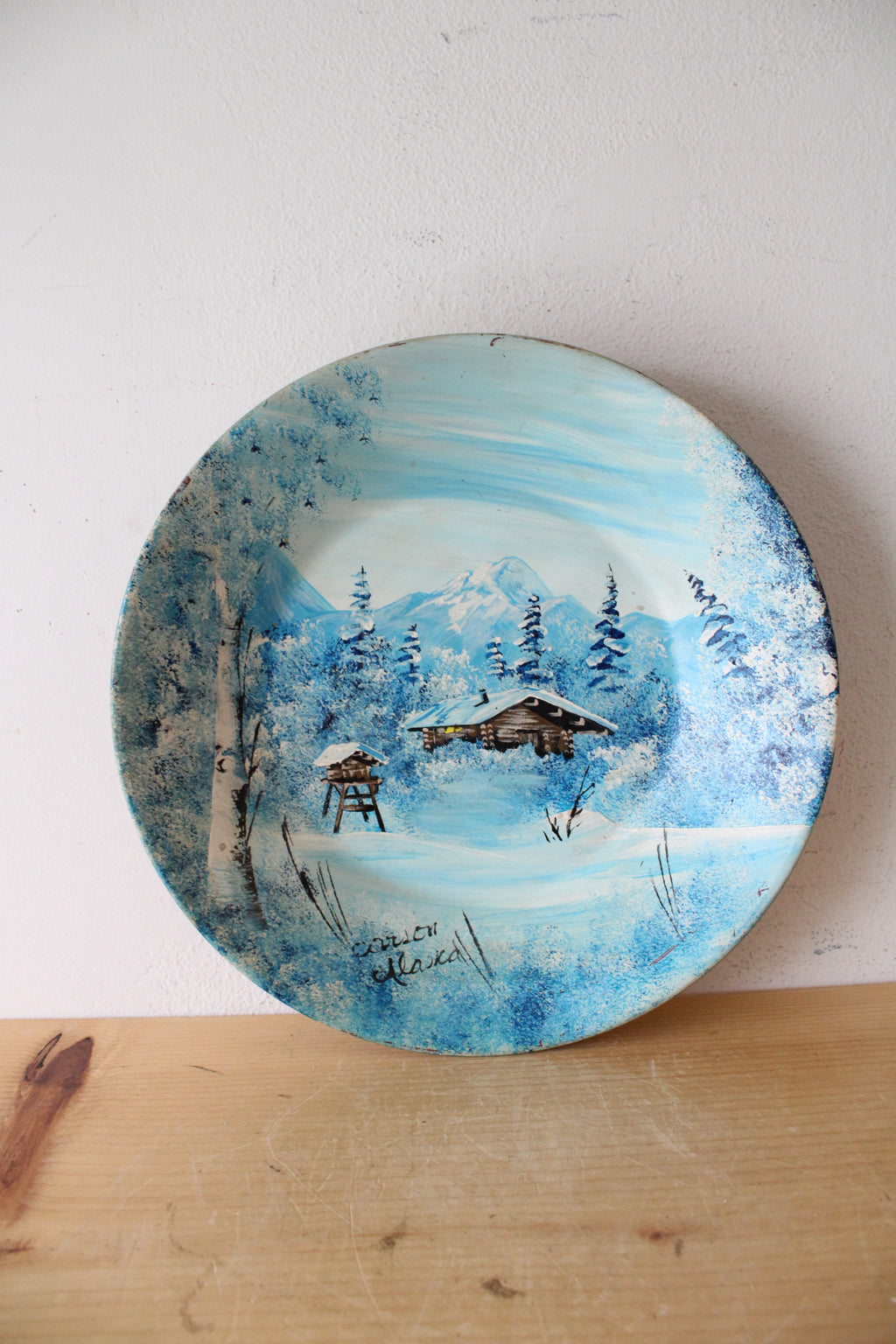 Vintage Hand Painted Snowy Cabin Decorative Bowl